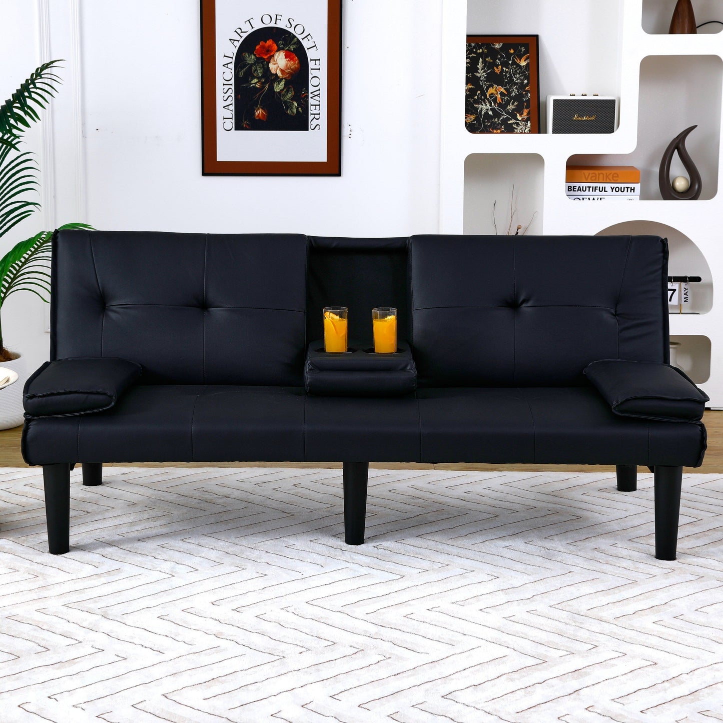 Divano letto pieghevole in PVC nero da 67 pollici con portabicchieri per soggiorno, camera degli ospiti, dormitorio, ufficio