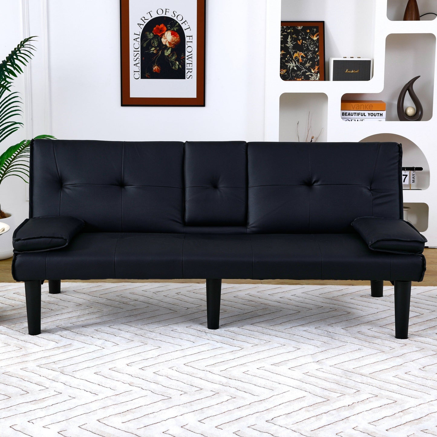 Divano letto pieghevole in PVC nero da 67 pollici con portabicchieri per soggiorno, camera degli ospiti, dormitorio, ufficio