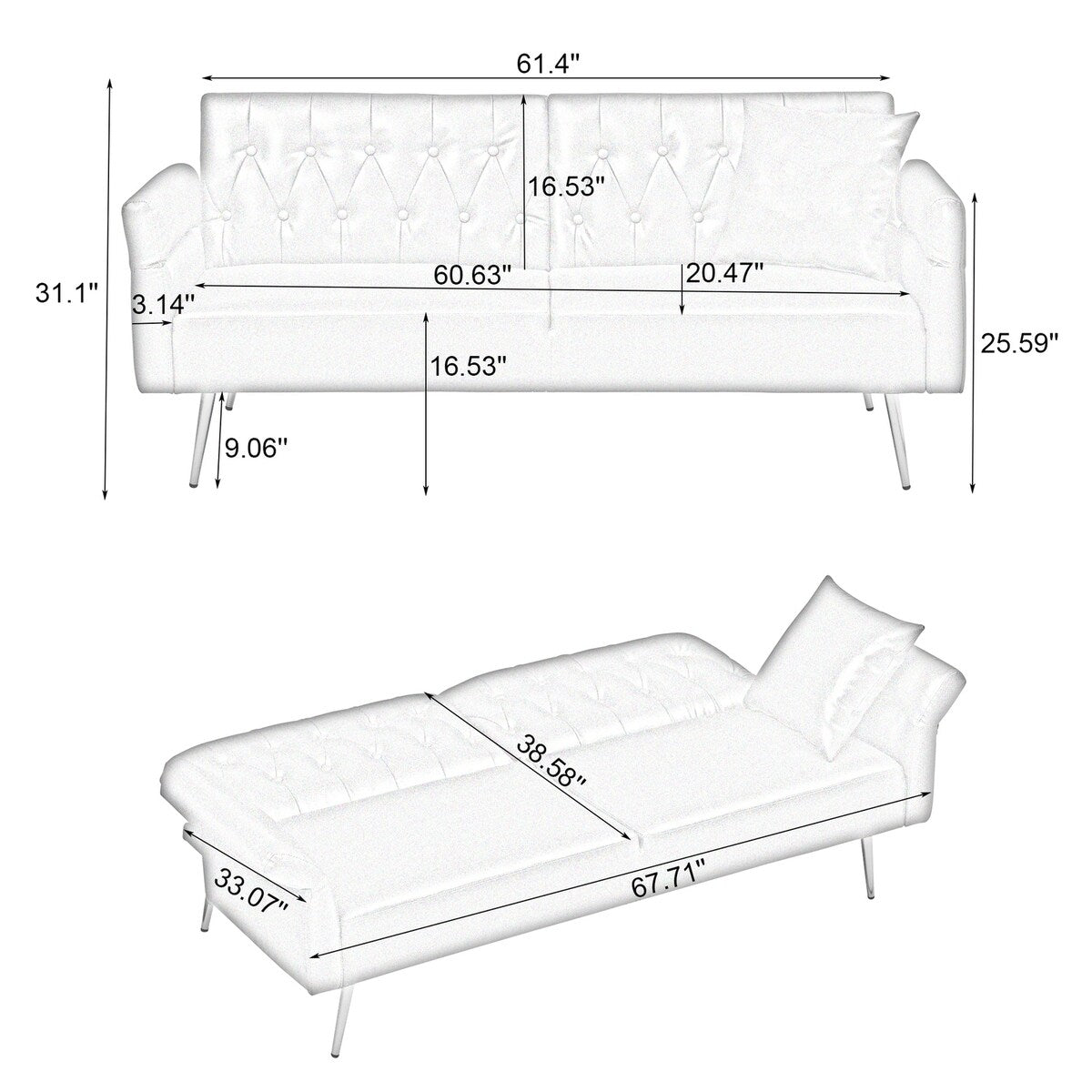 Divano letto in similpelle da 67,71 pollici con braccioli regolabili - 67,71 L * 33,07 P * 31,1 A