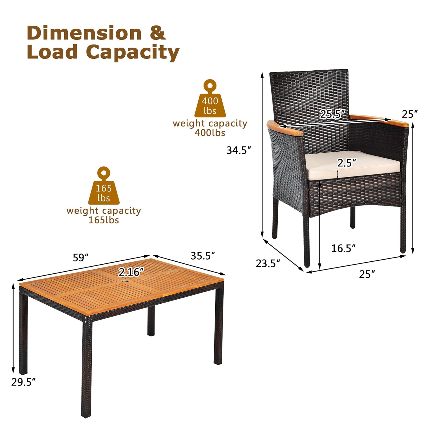 Set da pranzo per patio da 7 pezzi, set di mobili da esterno in rattan con foro per ombrellone
