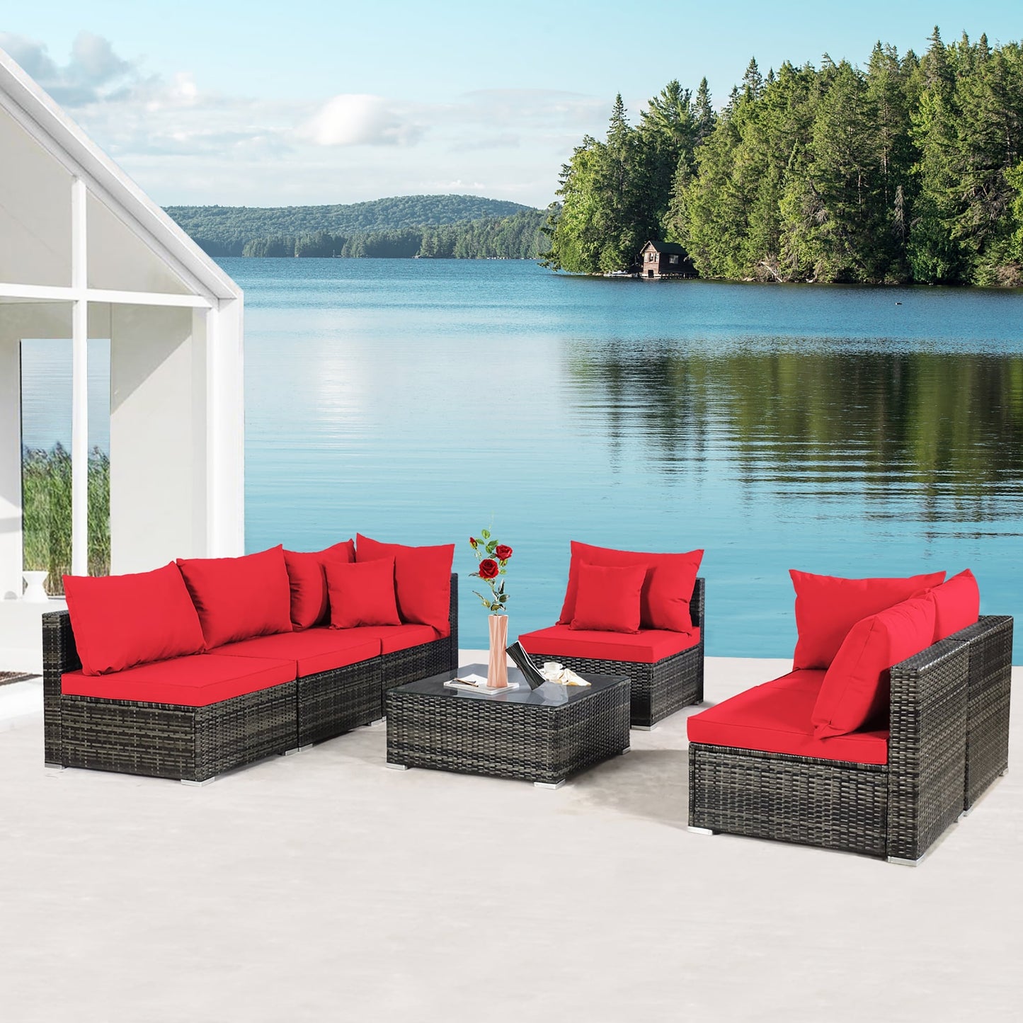Set di 7 mobili da giardino, divano componibile in rattan con tavolino da caffè