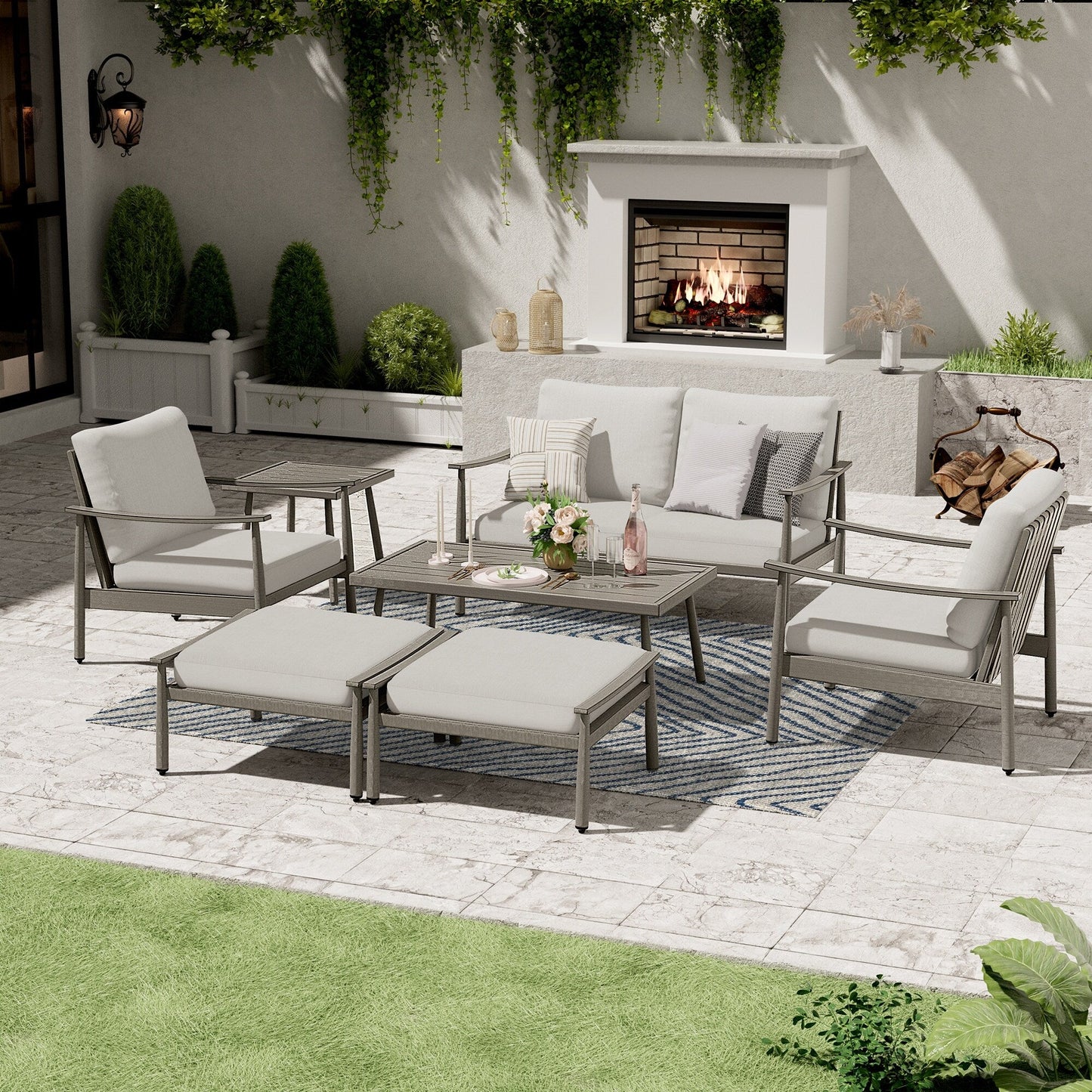 Set da conversazione in alluminio da 7 pezzi per patio, divano a due posti con pouf e tavolino da caffè