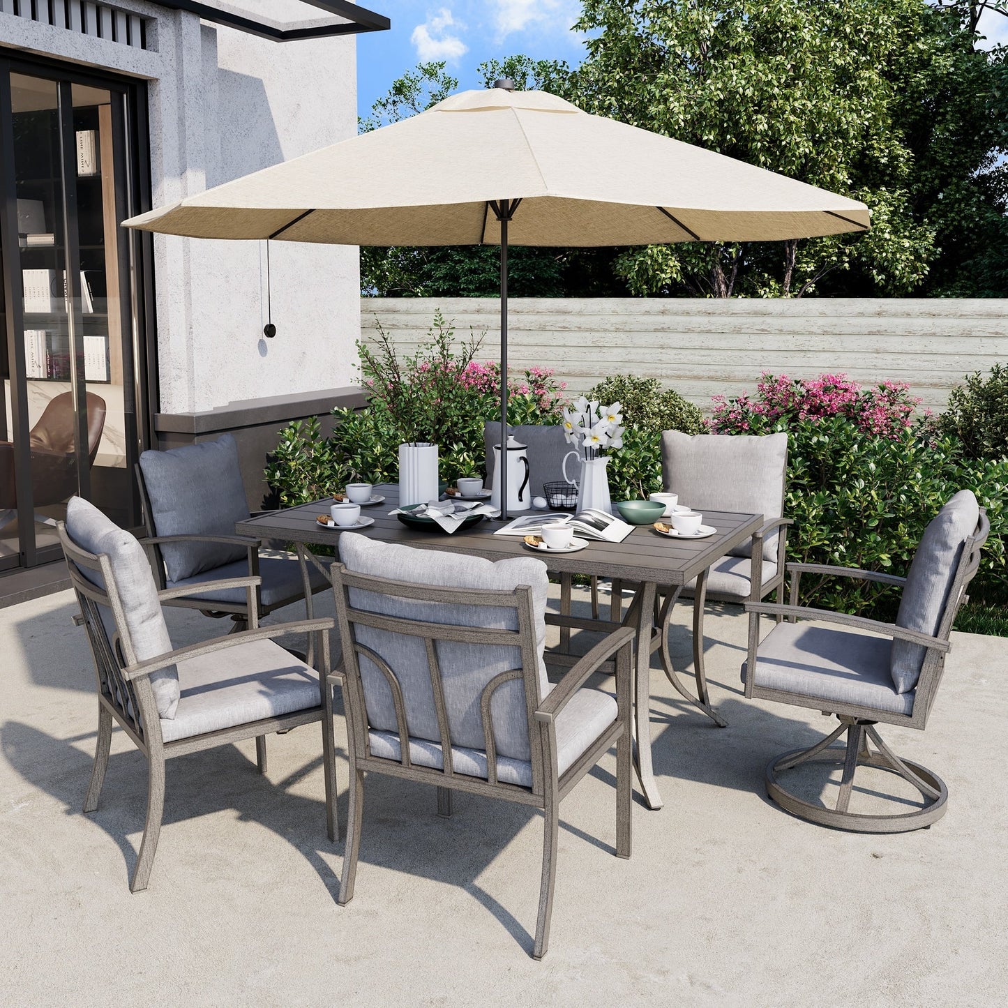 Set da pranzo per patio in alluminio da 7 pezzi con 2 sedie da pranzo girevoli e 4 sedie da pranzo e cuscini lavabili
