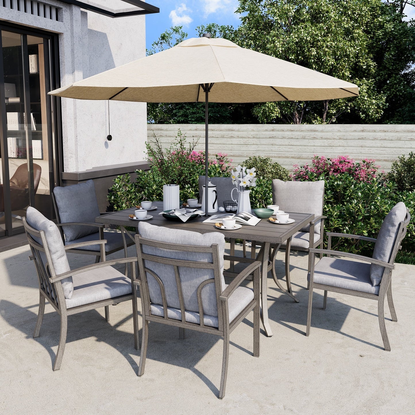 Set da pranzo da giardino in alluminio da 7 pezzi con tavolo e cuscini lavabili grigio chiaro