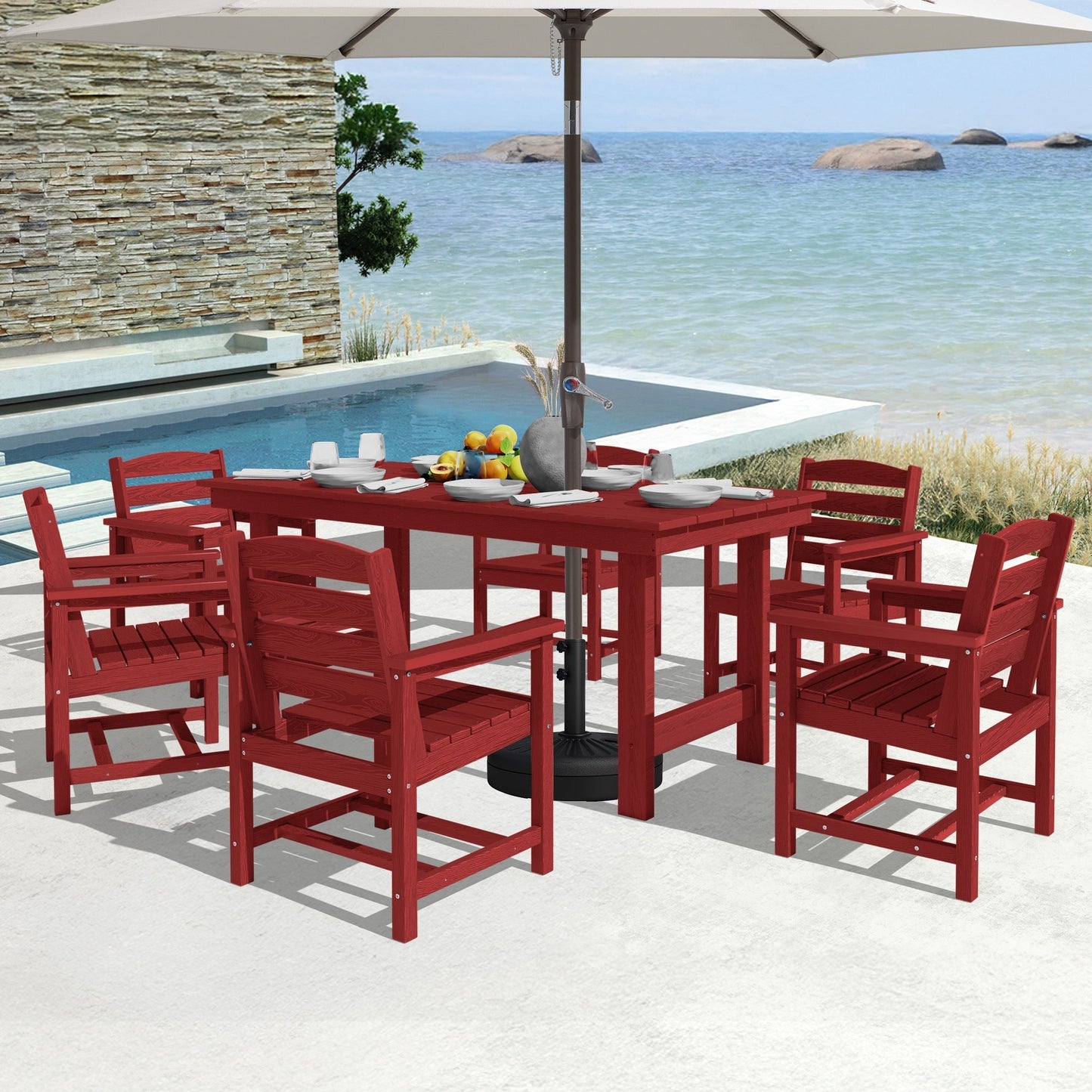 Set da pranzo per esterni in HDPE da 7 pezzi con foro per ombrellone - 1 tavolo e 6 sedie