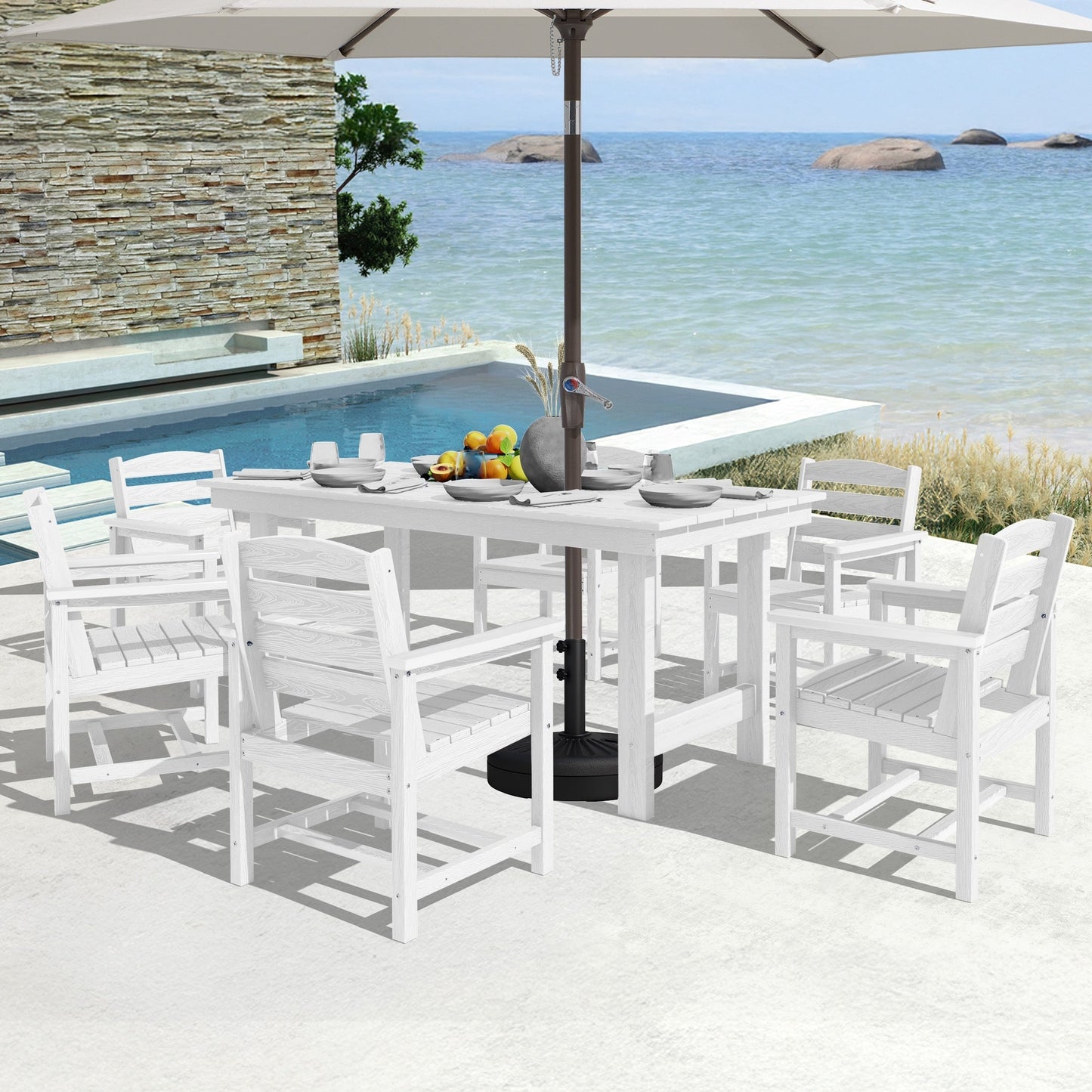 Set da pranzo per esterni in HDPE da 7 pezzi con foro per ombrellone - 1 tavolo e 6 sedie
