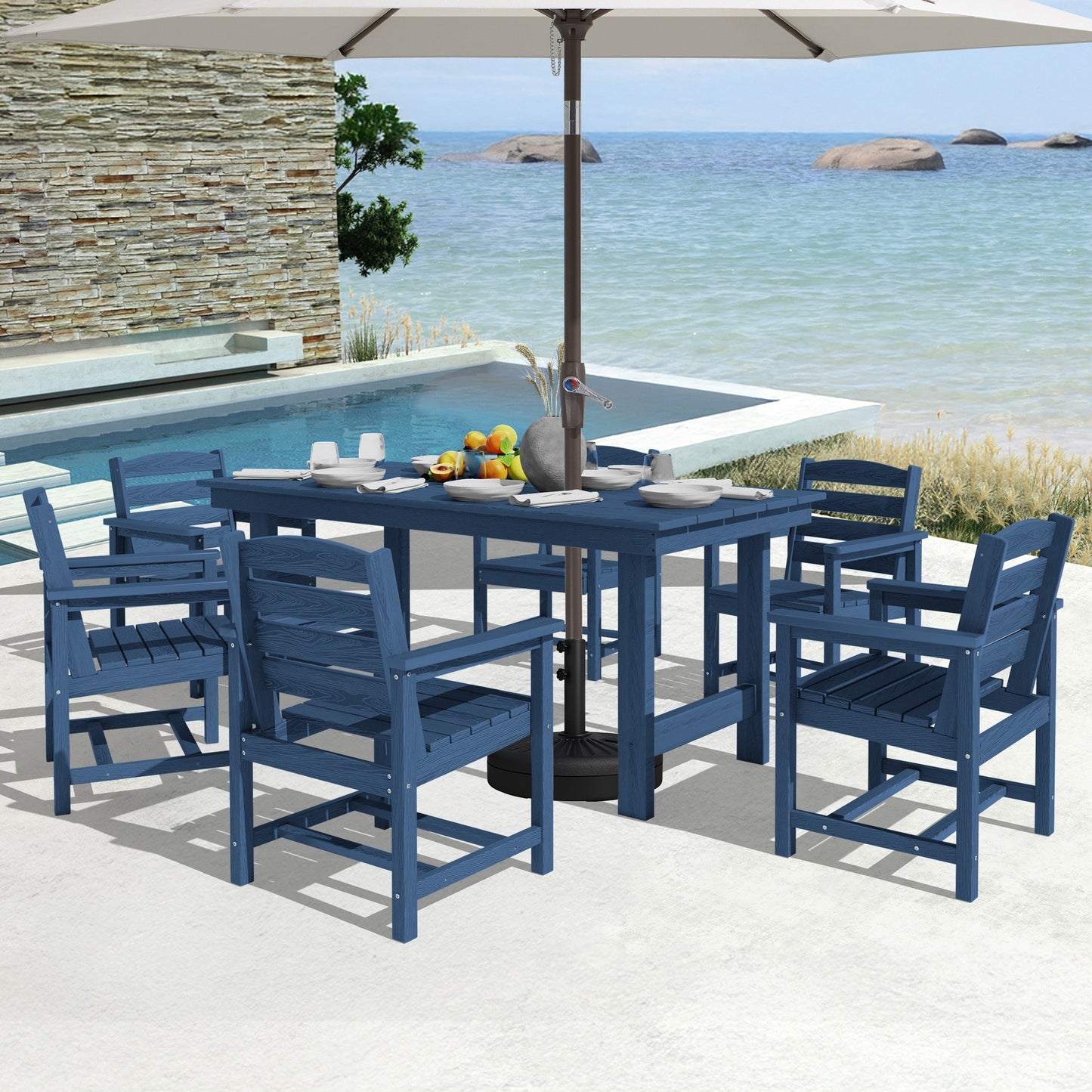 Set da pranzo per esterni in HDPE da 7 pezzi con foro per ombrellone - 1 tavolo e 6 sedie