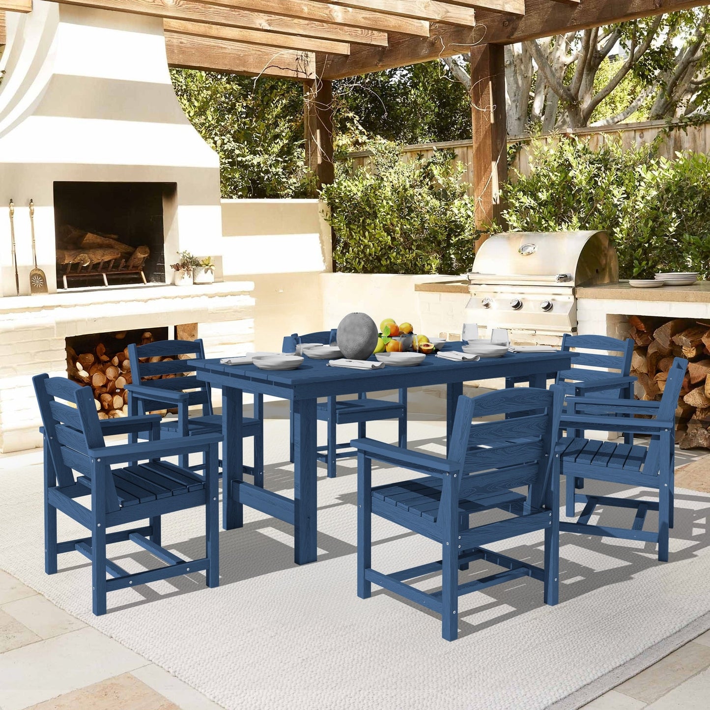 Set da pranzo per esterni in HDPE da 7 pezzi con foro per ombrellone - 1 tavolo e 6 sedie