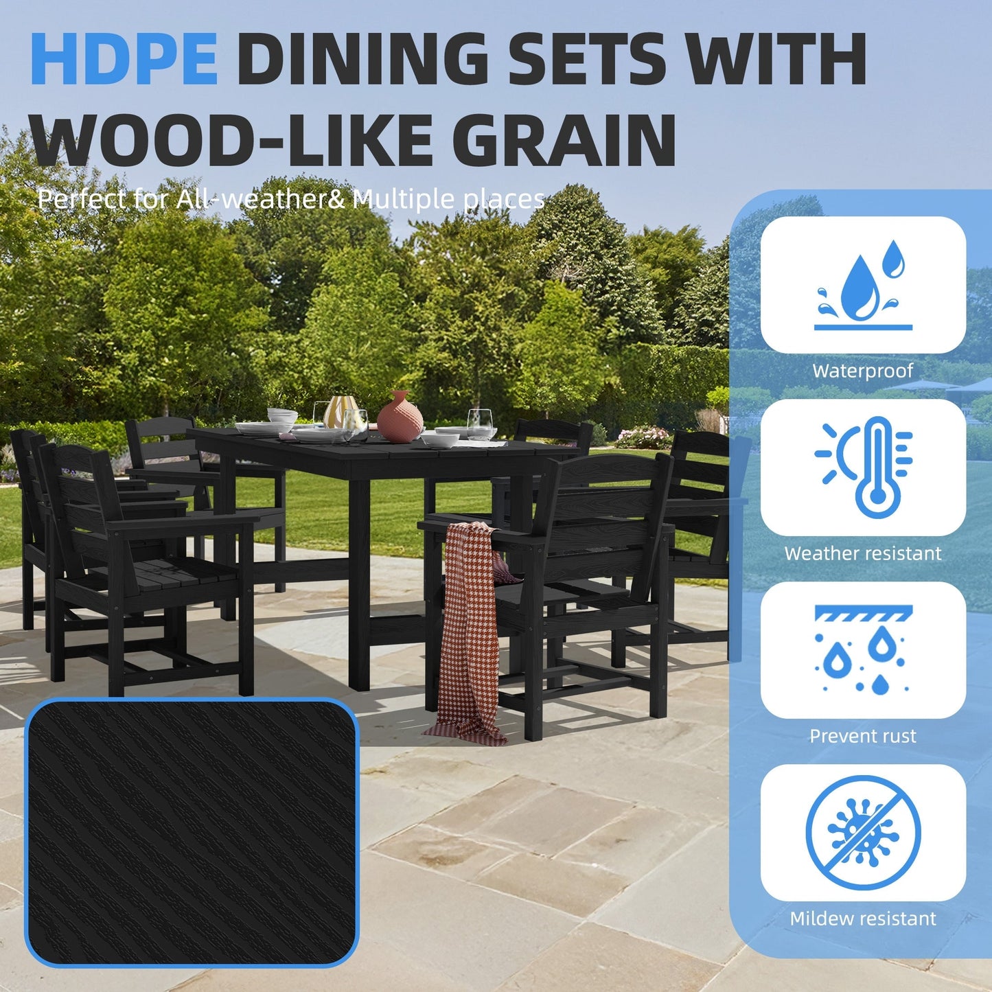 Set da pranzo per esterni in HDPE da 7 pezzi con foro per ombrellone - 1 tavolo e 6 sedie