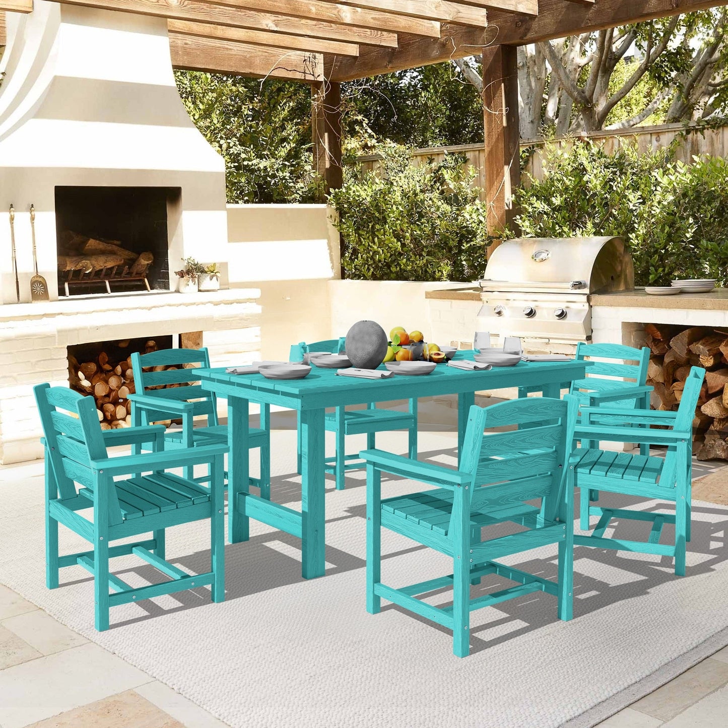 Set da pranzo per esterni in HDPE da 7 pezzi con foro per ombrellone - 1 tavolo e 6 sedie