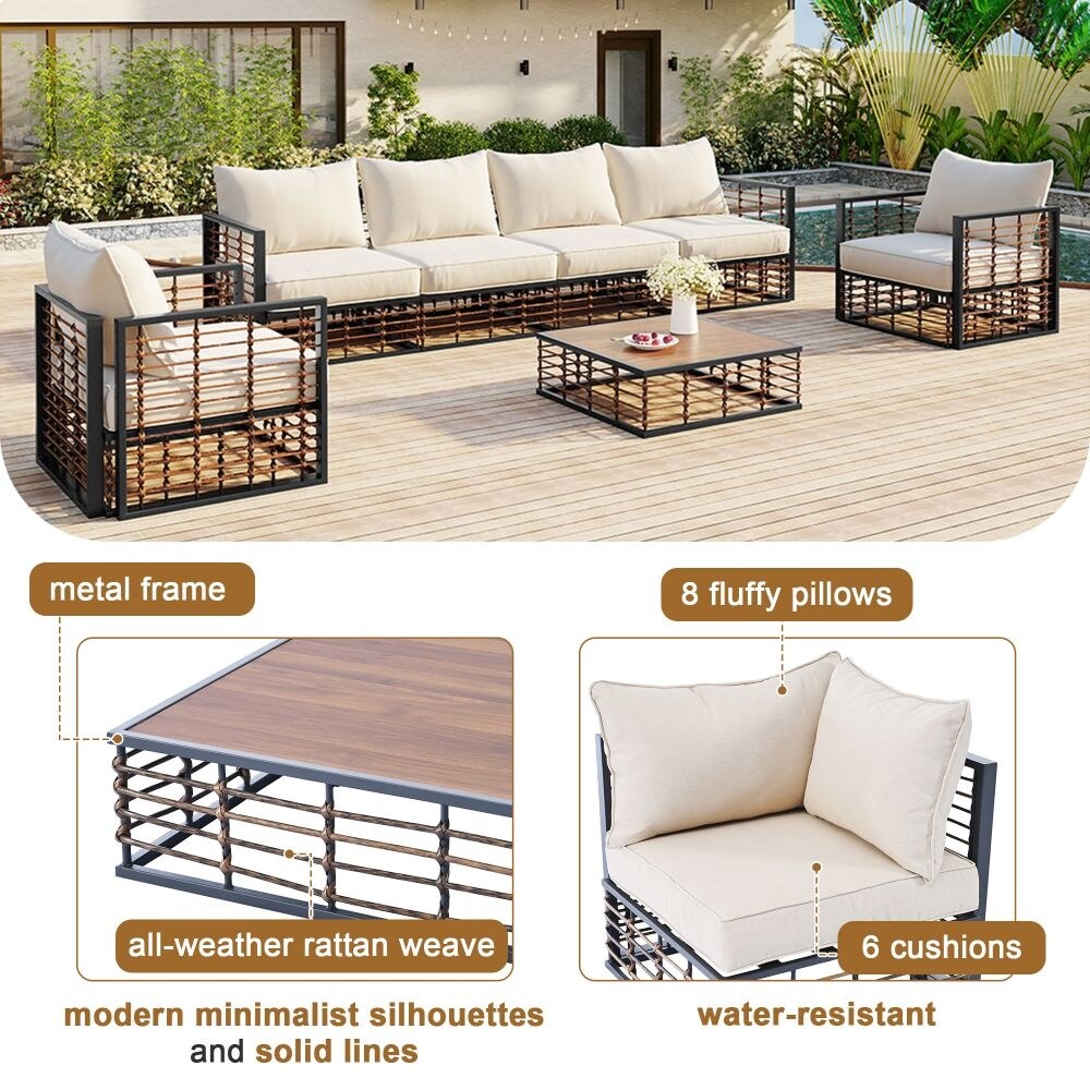 Set di divani componibili da giardino in metallo da 7 pezzi, set di mobili da giardino per tutte le stagioni, con cuscini spessi e tavolino da caffè