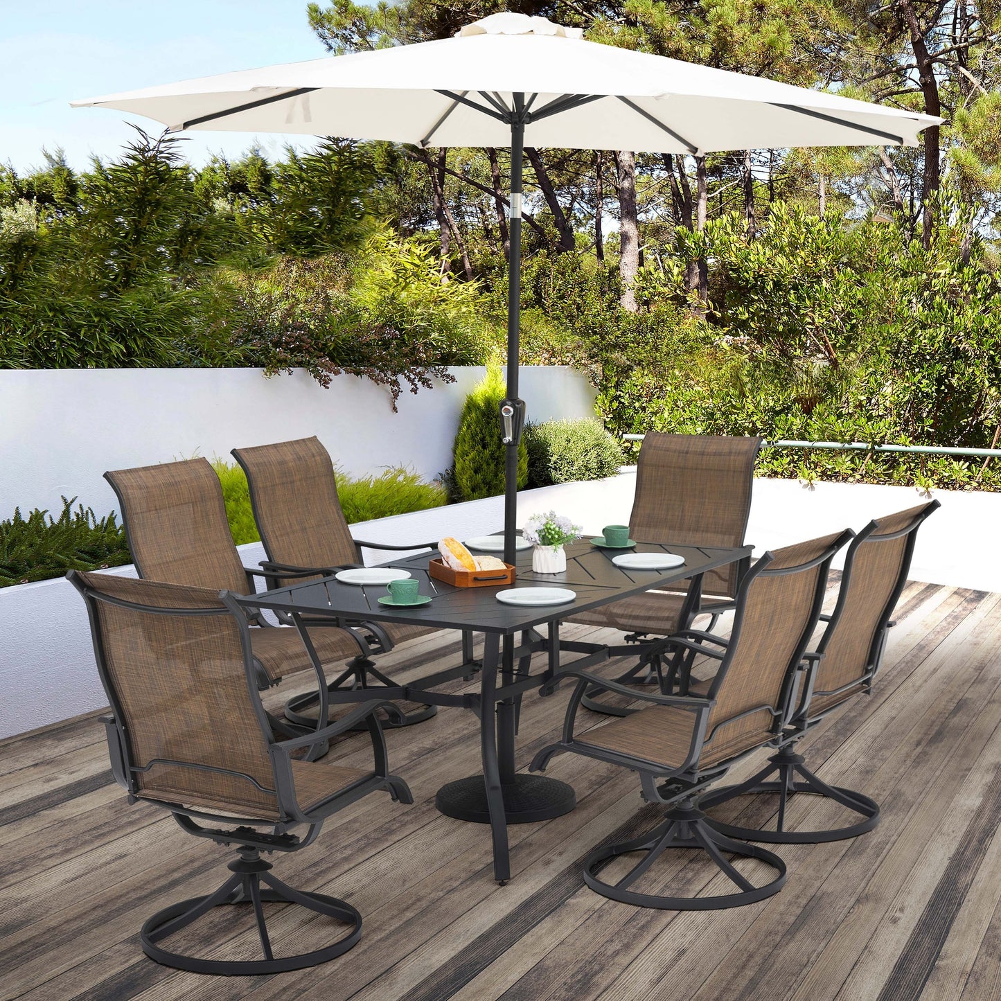 Set da pranzo da giardino in ferro da 7 pezzi con sedie girevoli in textilene, marrone e nero