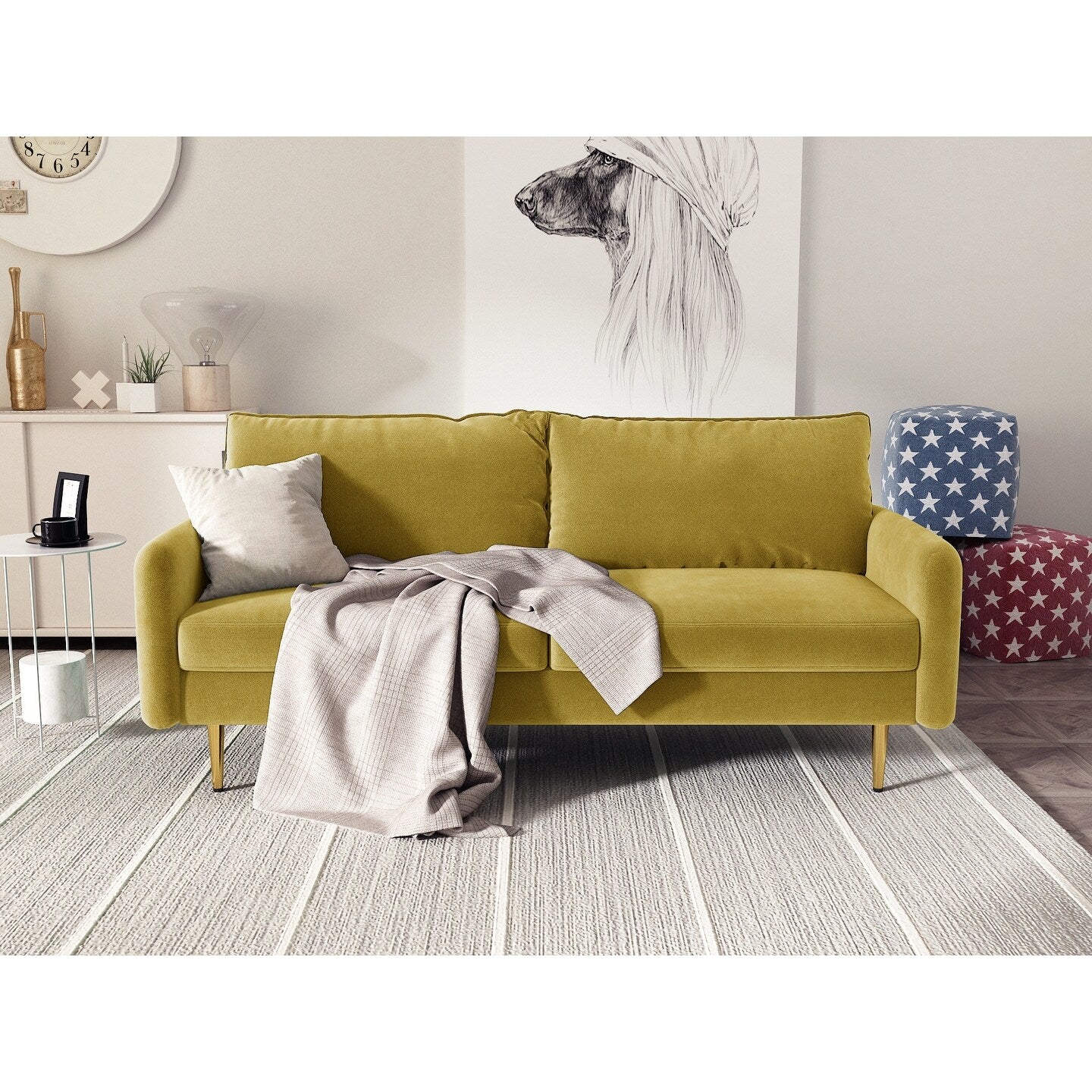 Divano con braccioli quadrati in velluto da 70''