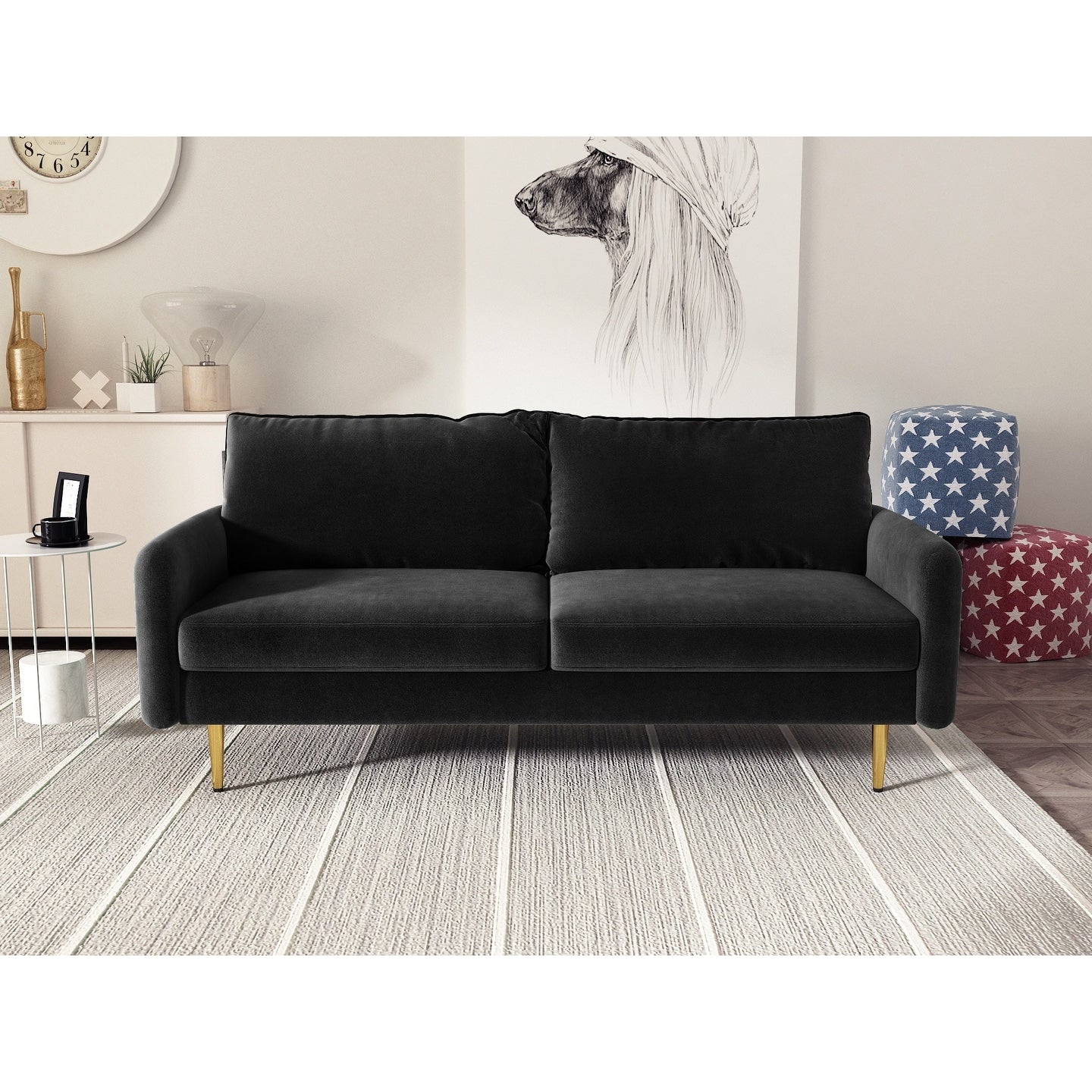 Divano con braccioli quadrati in velluto da 70''