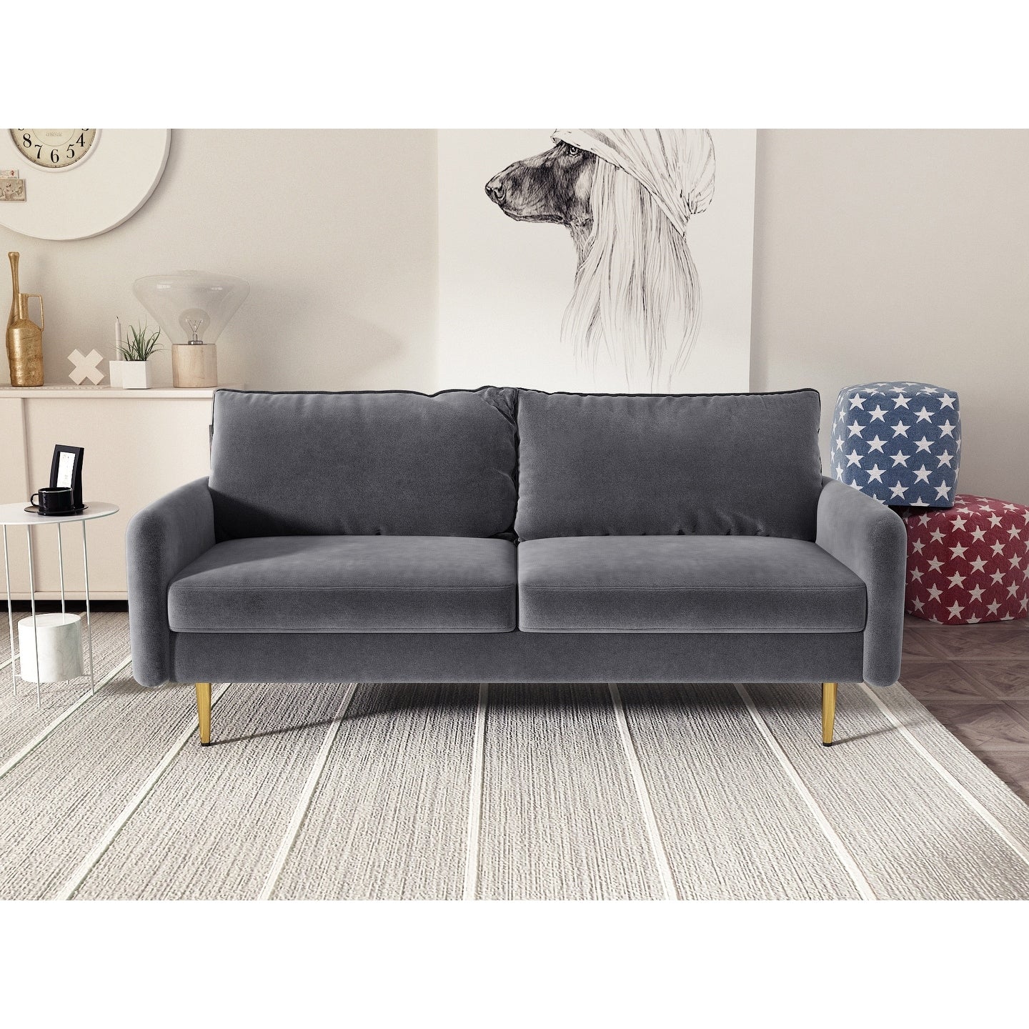 Divano con braccioli quadrati in velluto da 70''