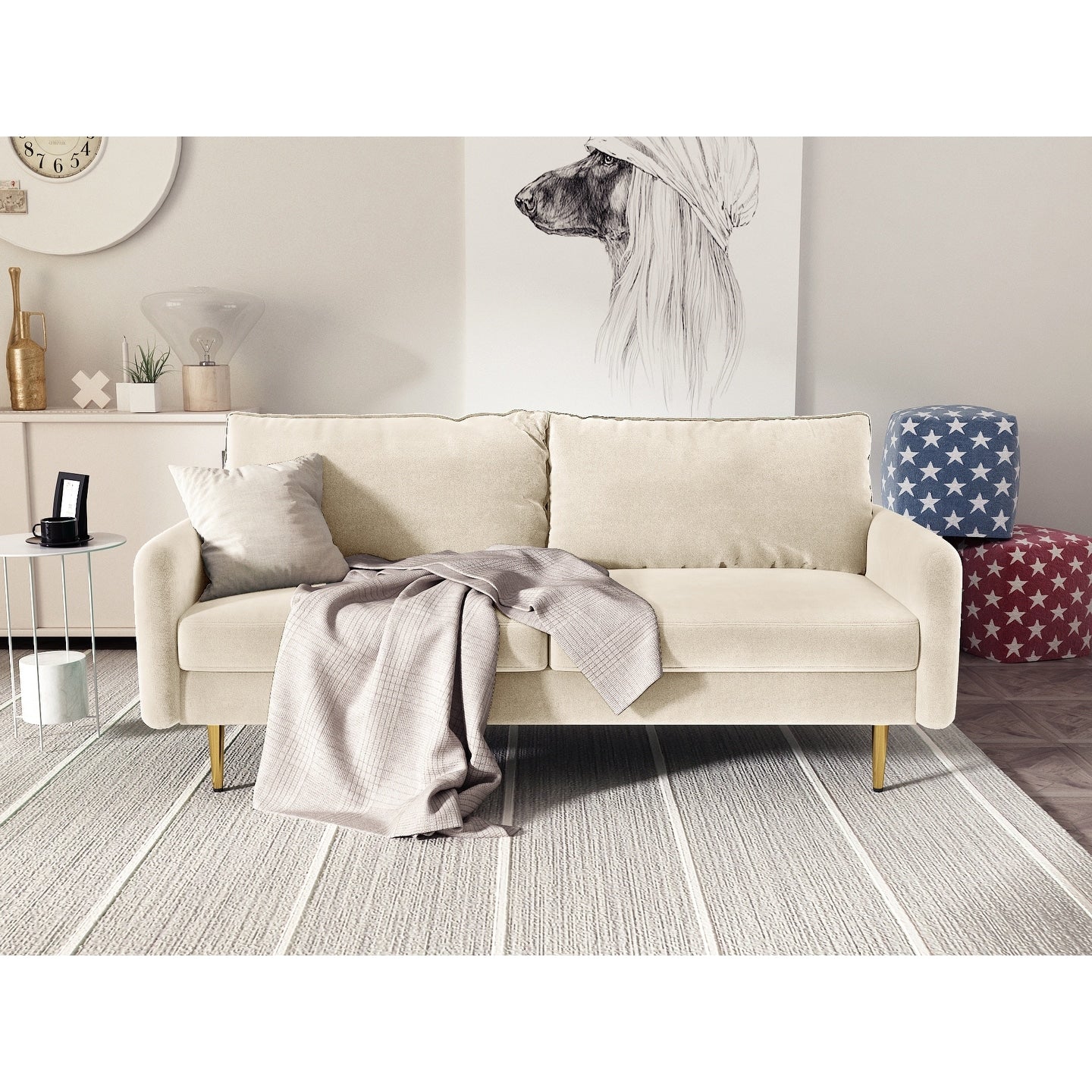 Divano con braccioli quadrati in velluto da 70''