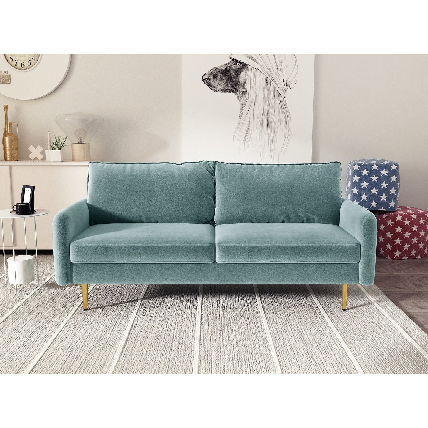 Divano con braccioli quadrati in velluto da 70''