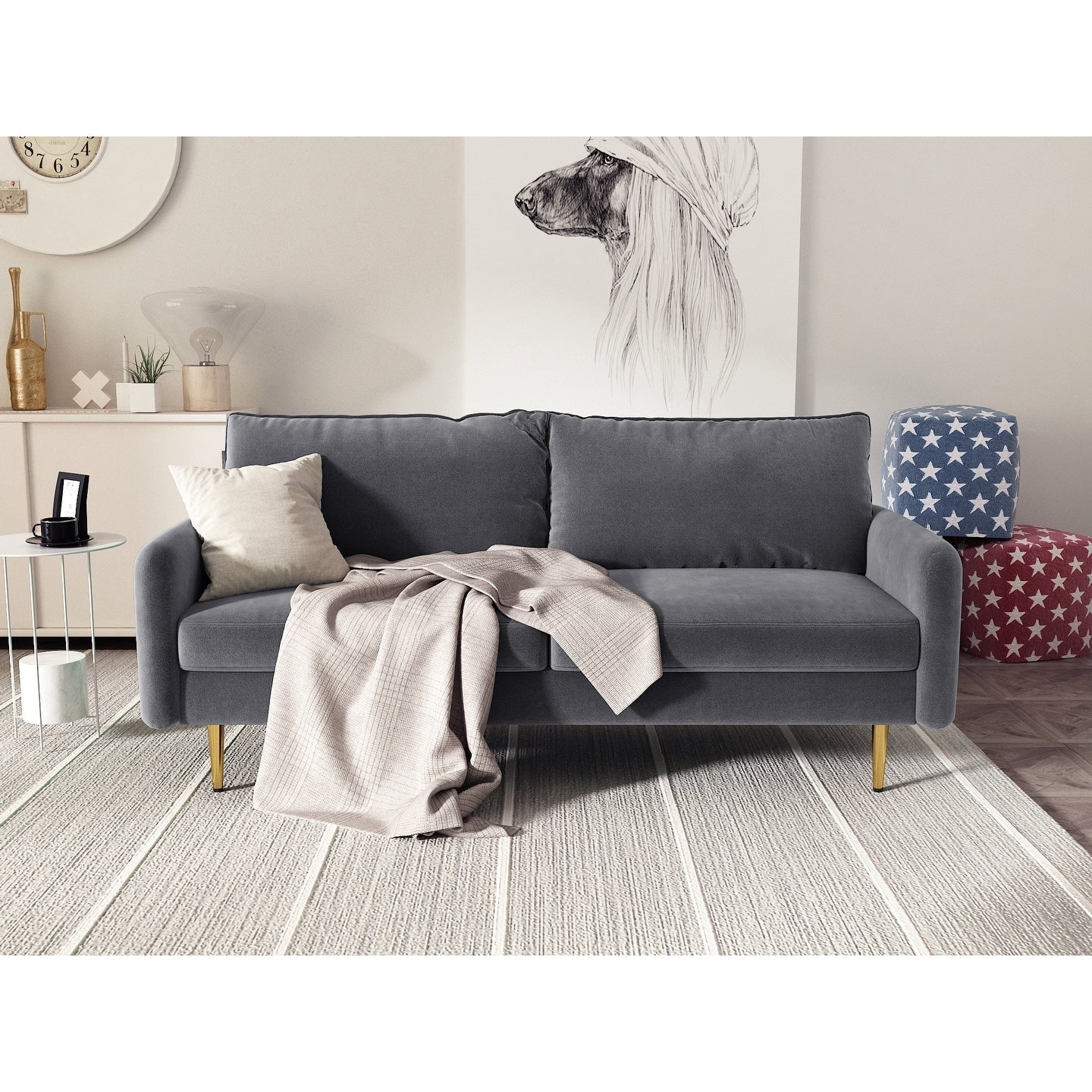 Divano con braccioli quadrati in velluto da 70''