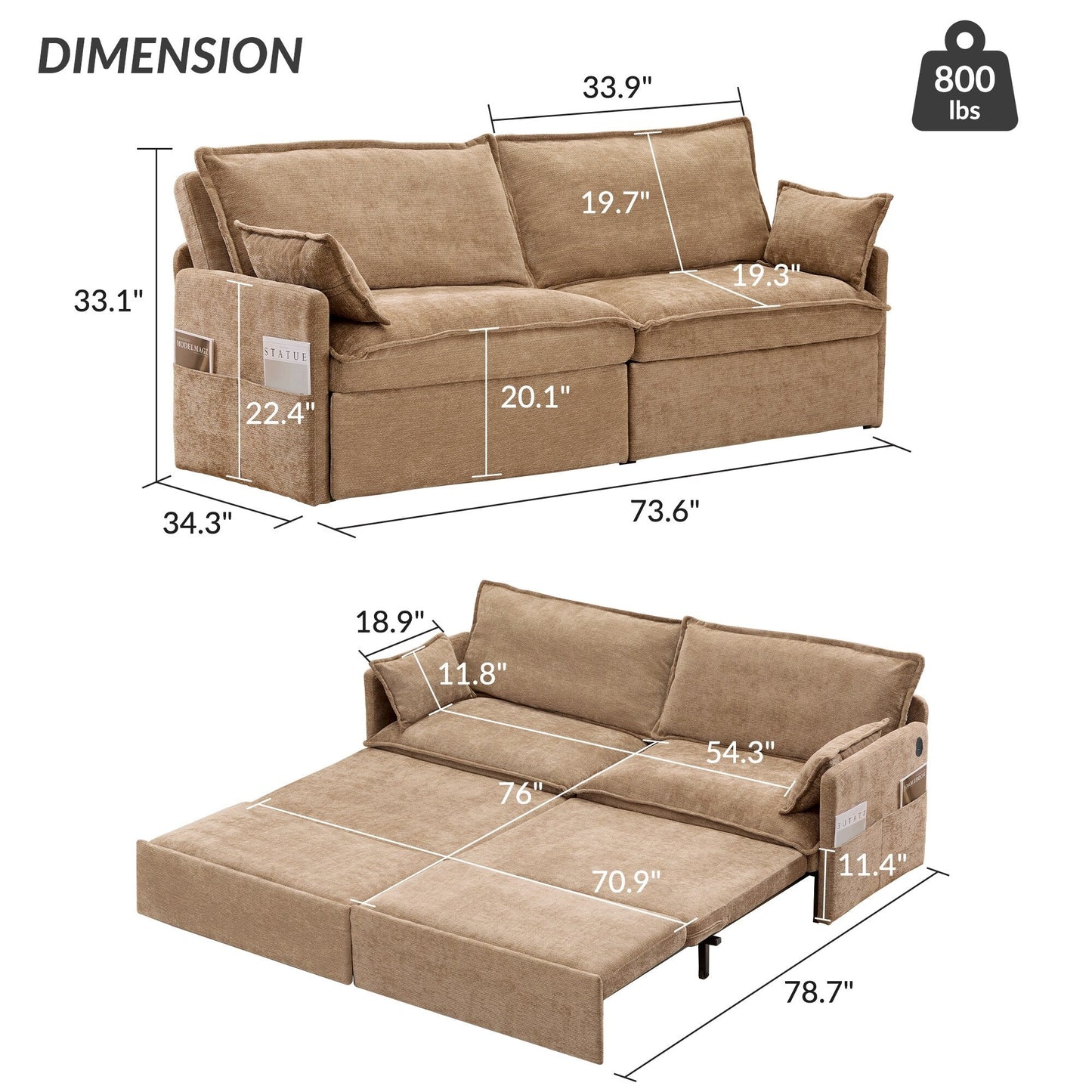 Divano letto convertibile 3 in 1 in velluto a coste da 73,6 pollici con letto estraibile, porte di ricarica USB e vano portaoggetti laterale