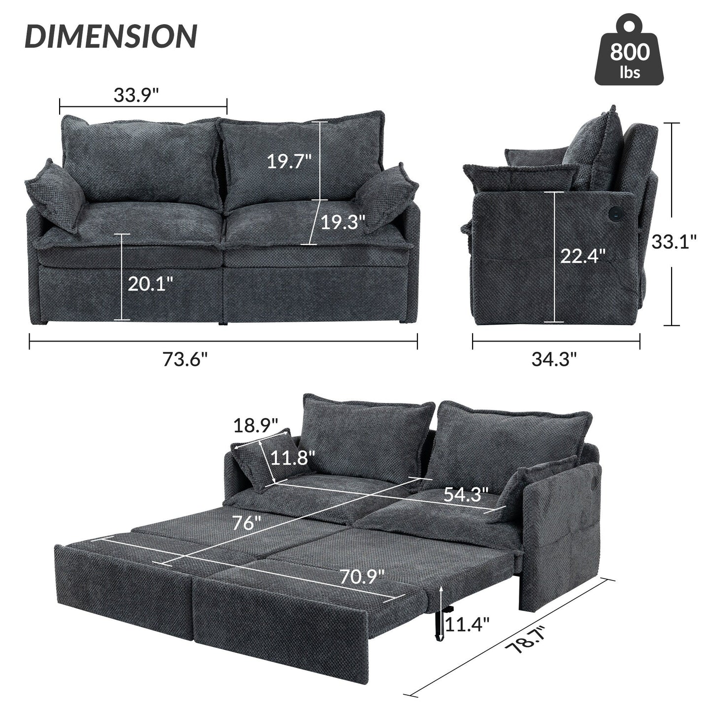 Divano letto convertibile 3 in 1 in velluto a coste da 73,6 pollici con letto estraibile, porte di ricarica USB e vano portaoggetti laterale