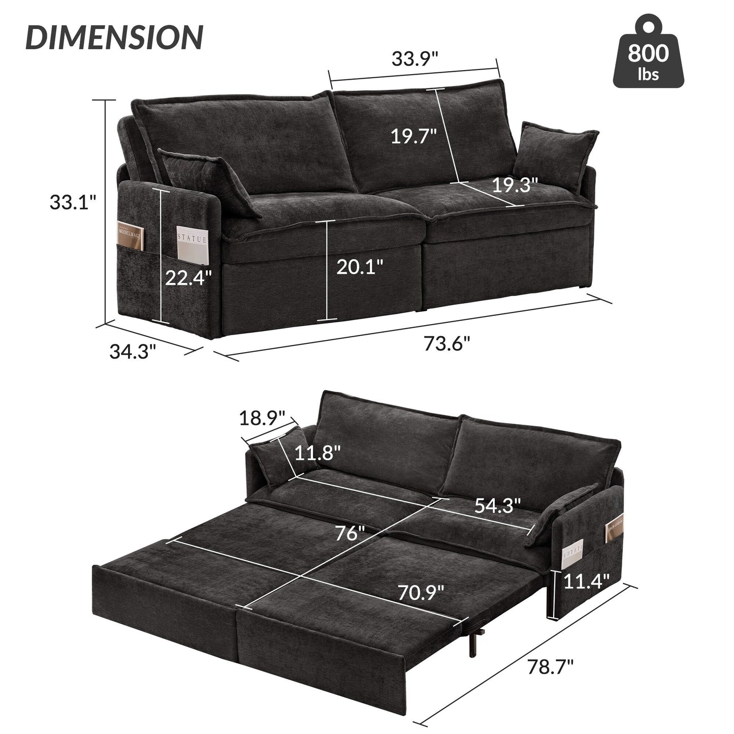 Divano letto convertibile 3 in 1 in velluto a coste da 73,6 pollici con letto estraibile, porte di ricarica USB e vano portaoggetti laterale