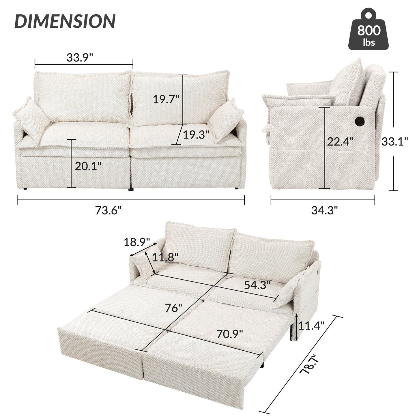 Divano letto convertibile 3 in 1 in velluto a coste da 73,6 pollici con letto estraibile, porte di ricarica USB e vano portaoggetti laterale