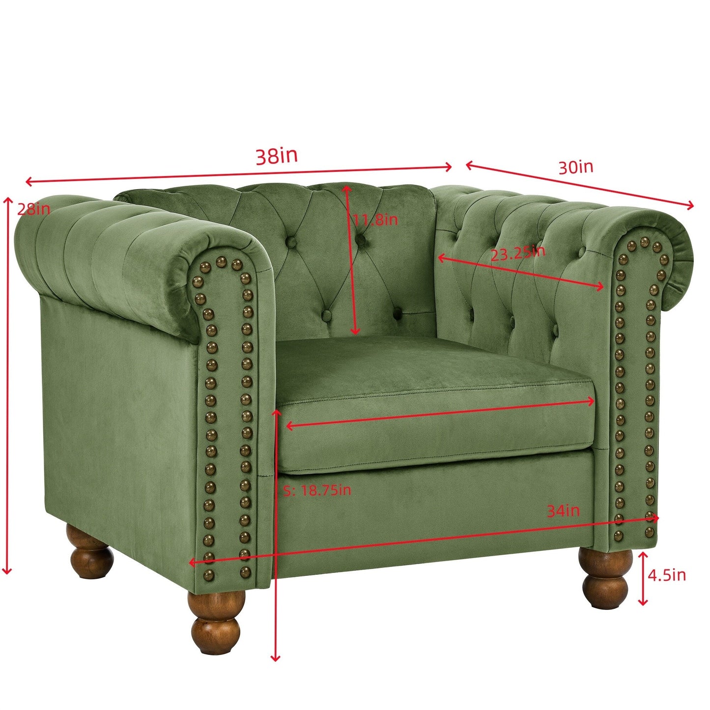 Divano a 3 posti in velluto 74,5 con schienale trapuntato a bottoni, braccioli a volute, gambe tornite e design classico