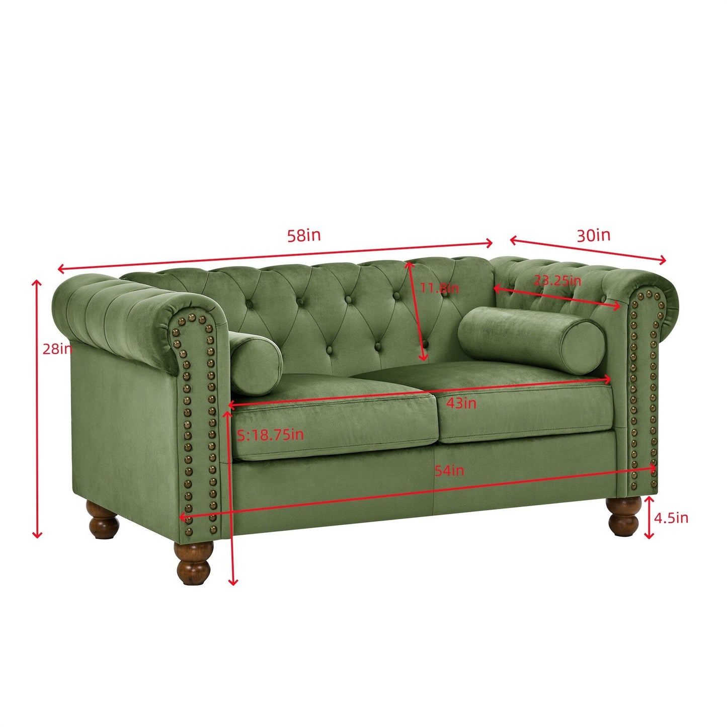 Divano a 3 posti in velluto 74,5 con schienale trapuntato a bottoni, braccioli a volute, gambe tornite e design classico