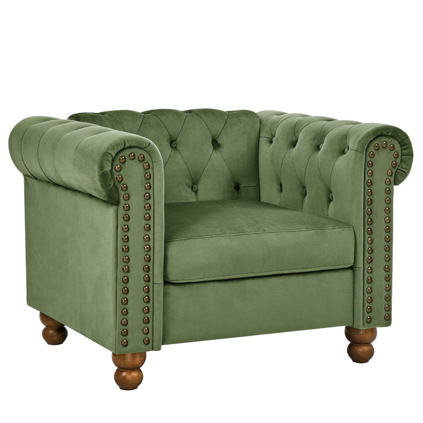 Divano a 3 posti in velluto 74,5 con schienale trapuntato a bottoni, braccioli a volute, gambe tornite e design classico