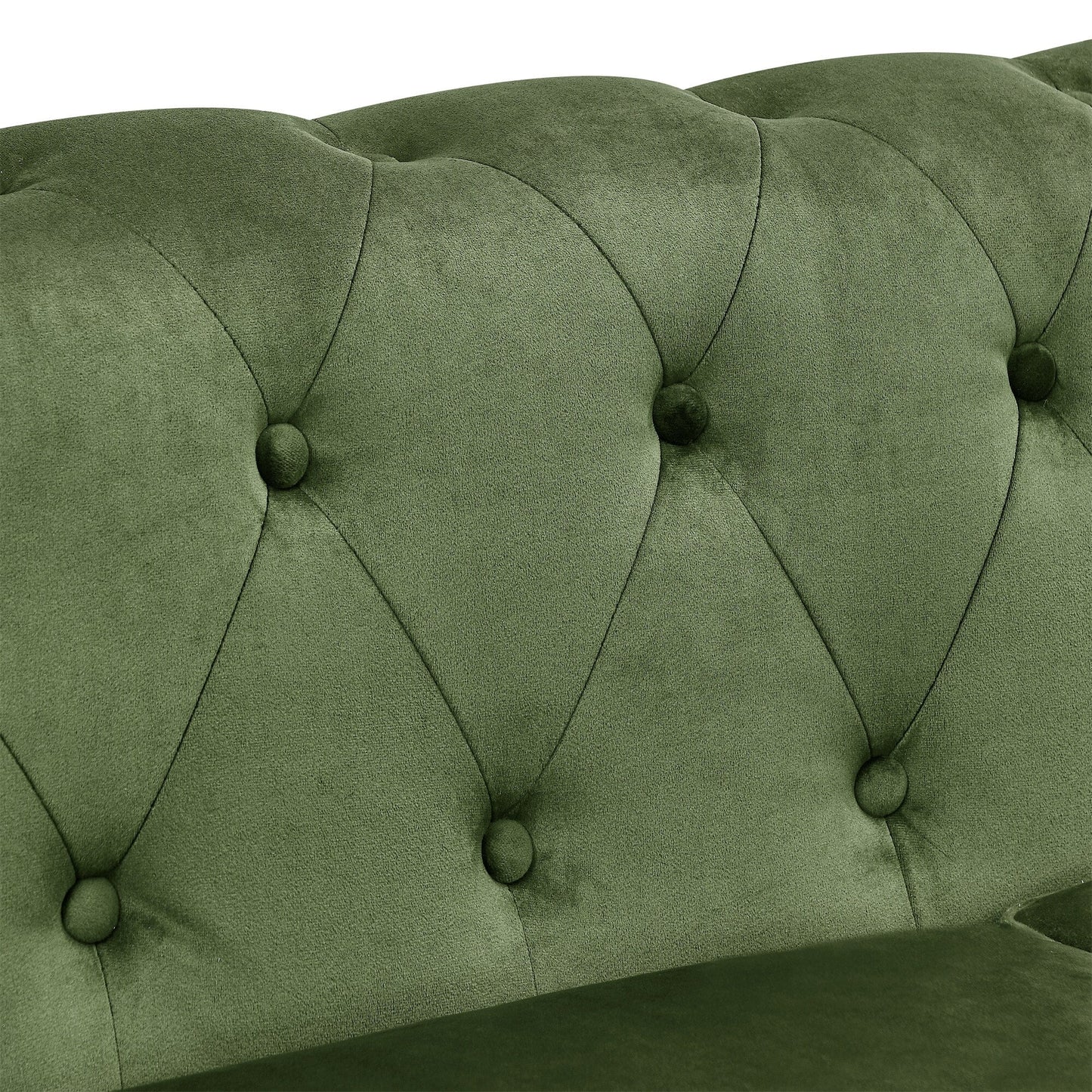 Divano a 3 posti in velluto 74,5 con schienale trapuntato a bottoni, braccioli a volute, gambe tornite e design classico