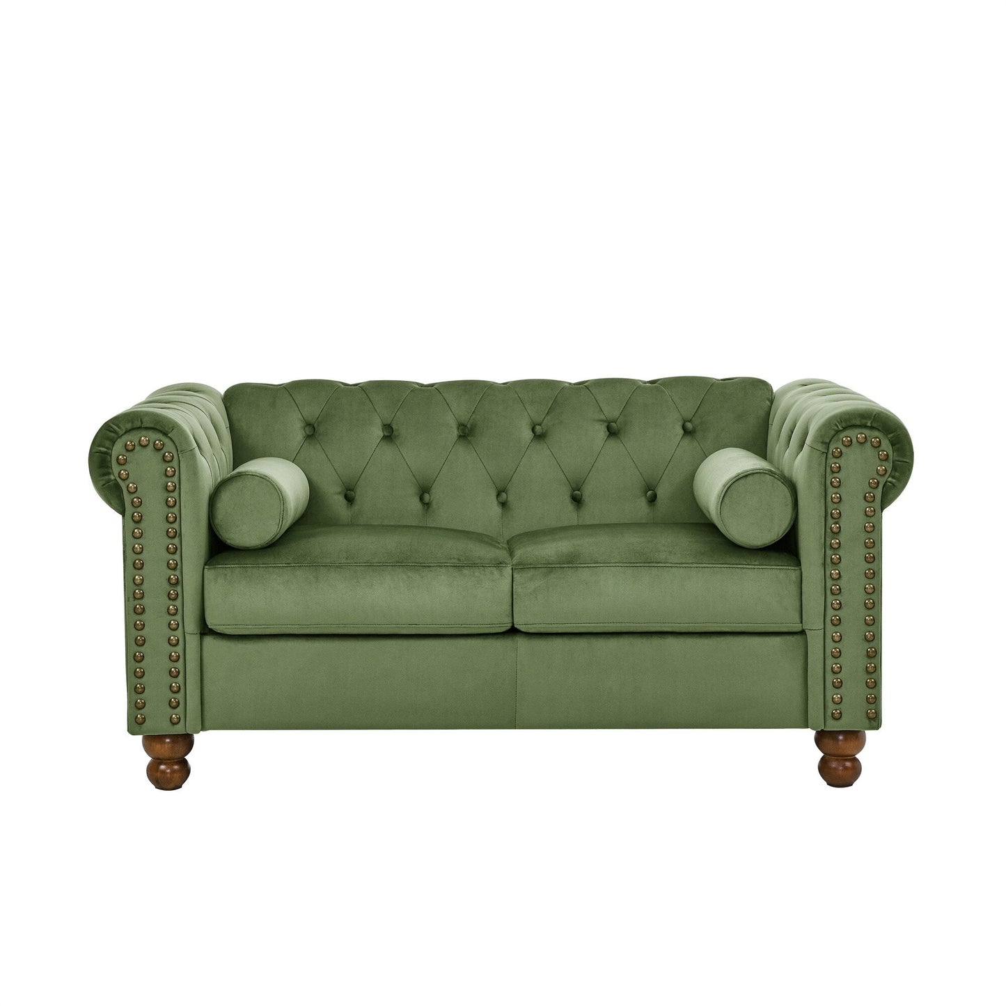 Divano a 3 posti in velluto 74,5 con schienale trapuntato a bottoni, braccioli a volute, gambe tornite e design classico