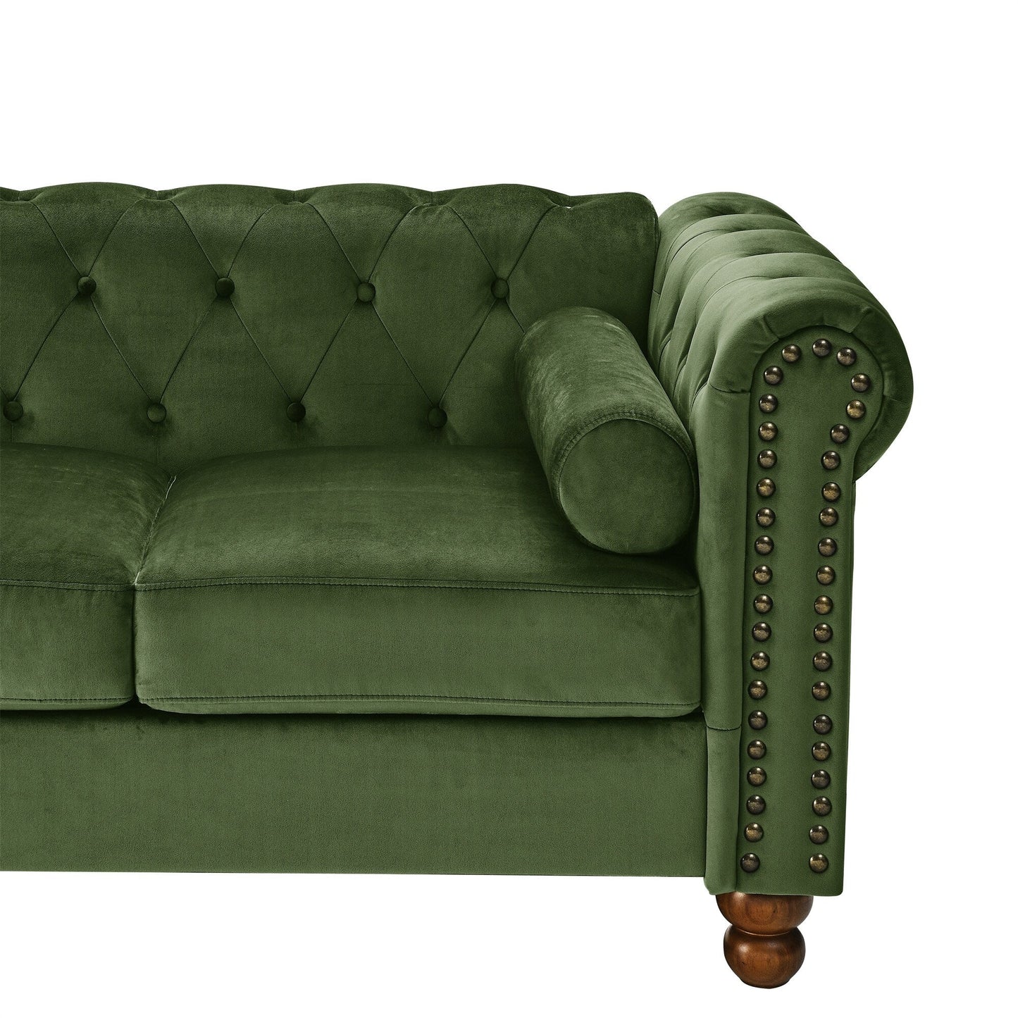 Divano a 3 posti in velluto 74,5 con schienale trapuntato a bottoni, braccioli a volute, gambe tornite e design classico