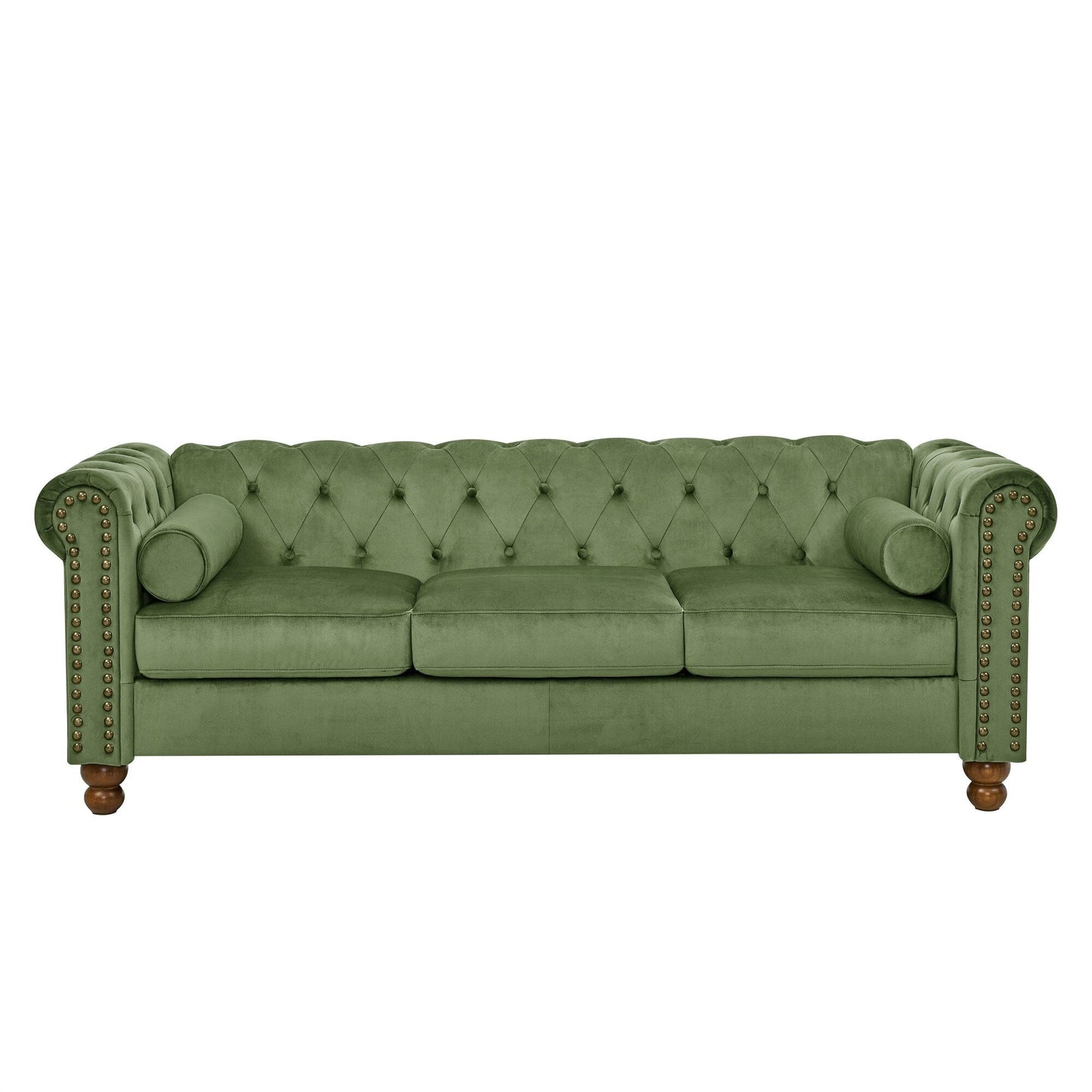 Divano Chesterfield in velluto da 74,5'' con capitonné, braccioli a volute, gambe tornite e design elegante