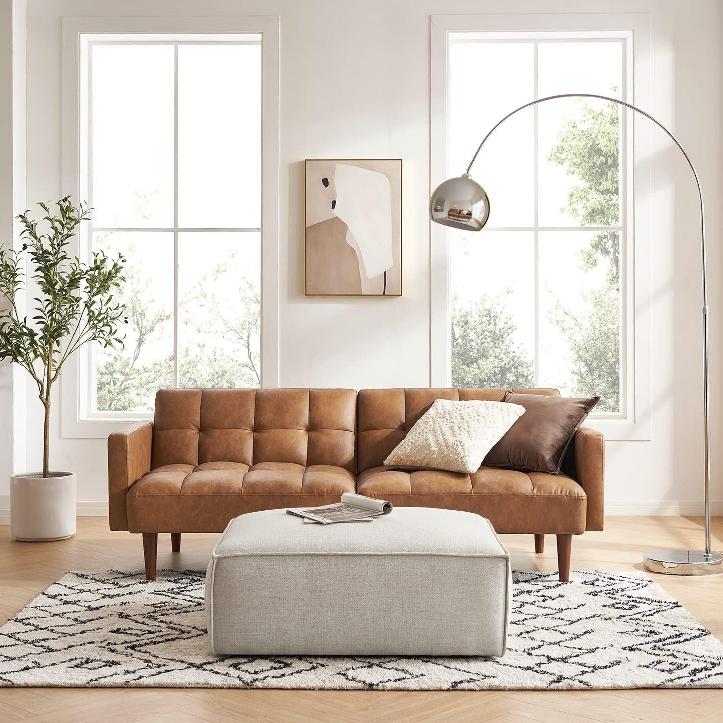 Divano letto futon Mid Century 76.8 - Divano letto trasformabile per soggiorno e camera da letto, in similpelle color marrone pecan