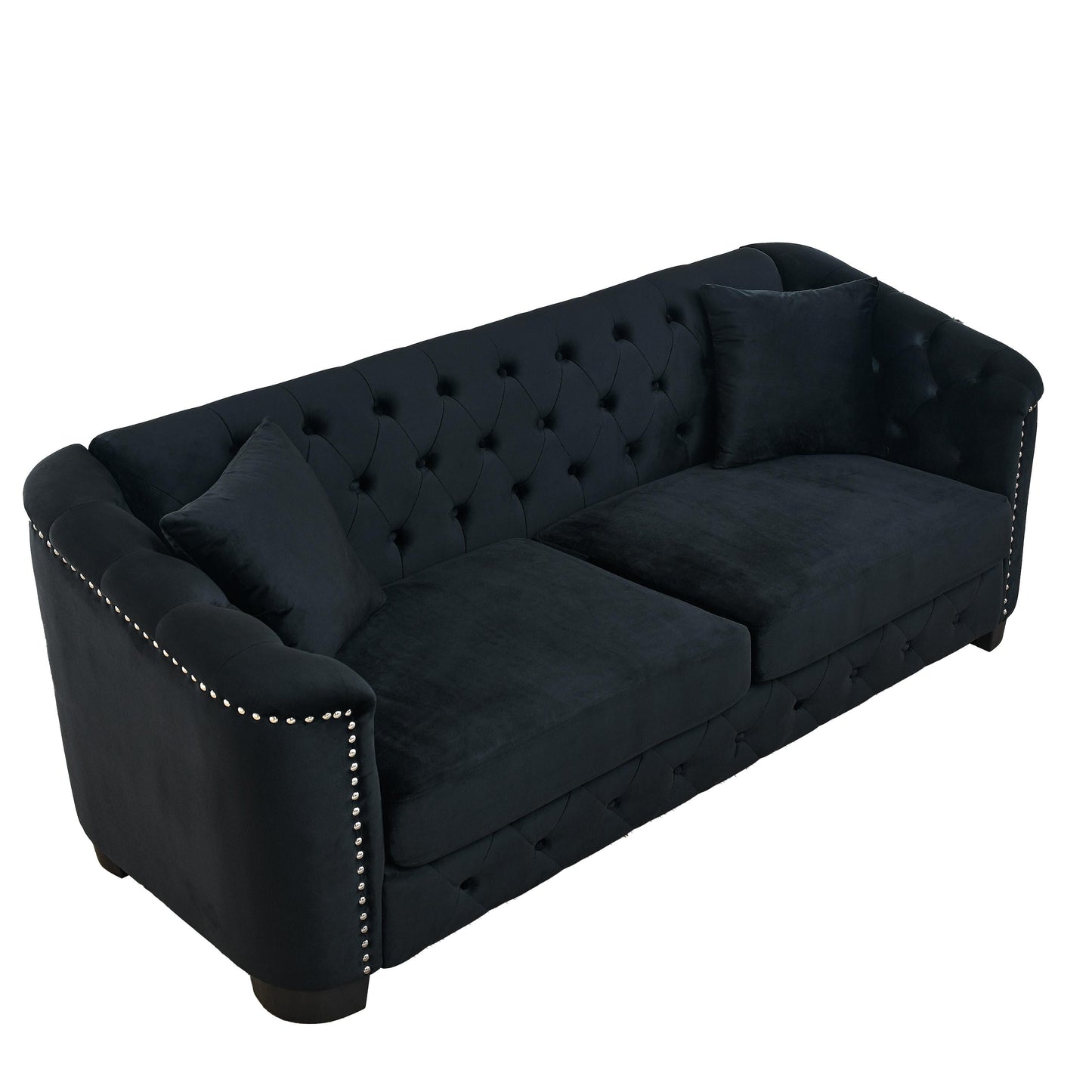 Divano moderno in velluto a 3 posti da 77'' con schienali trapuntati, finiture con borchie e 2 cuscini