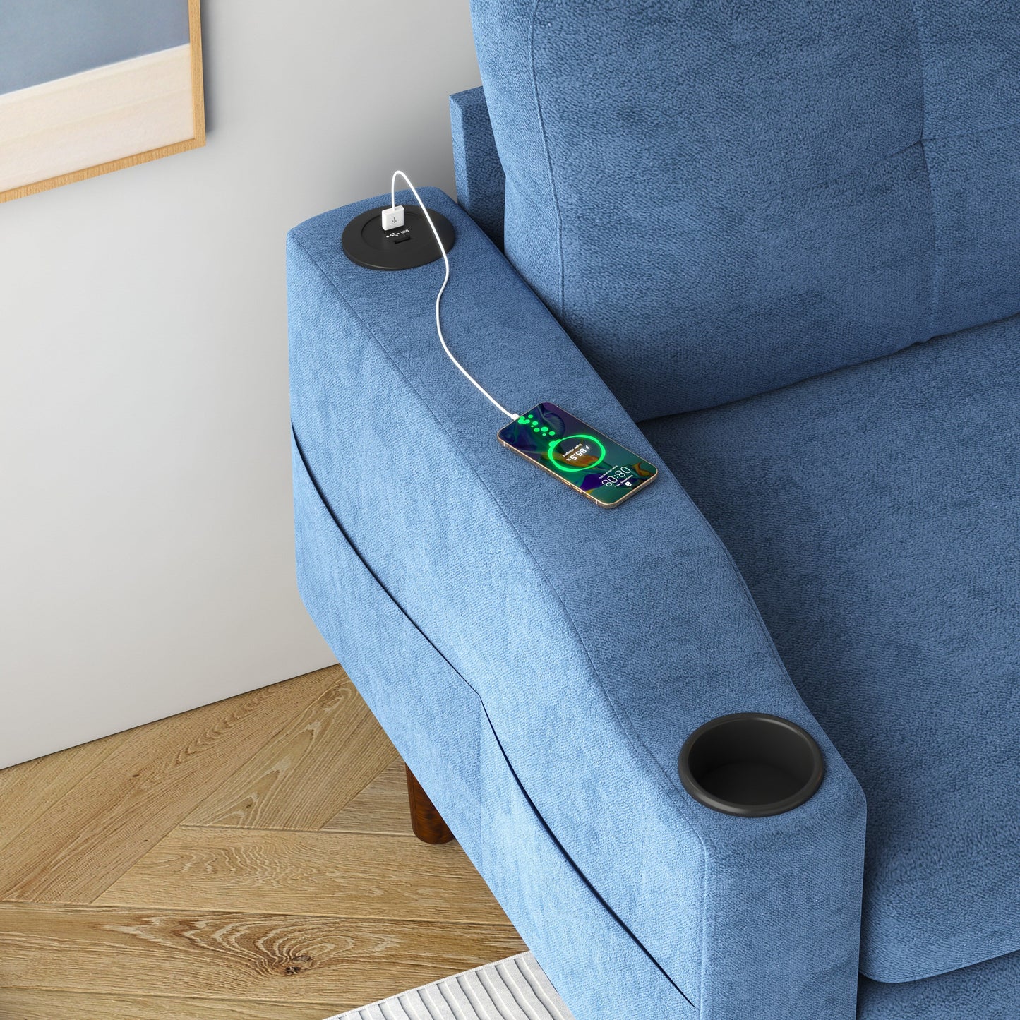 Divano a L trasformabile in tessuto da 78,74 pollici con pouf contenitore, porta USB e portabicchieri