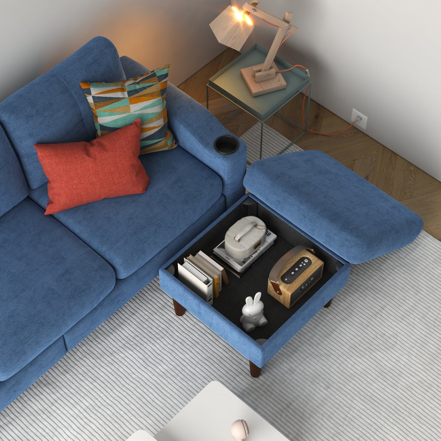 Divano a 3 posti in tessuto a forma di L da 78,74 pollici con pouf contenitore, porta USB, portabicchieri e design moderno