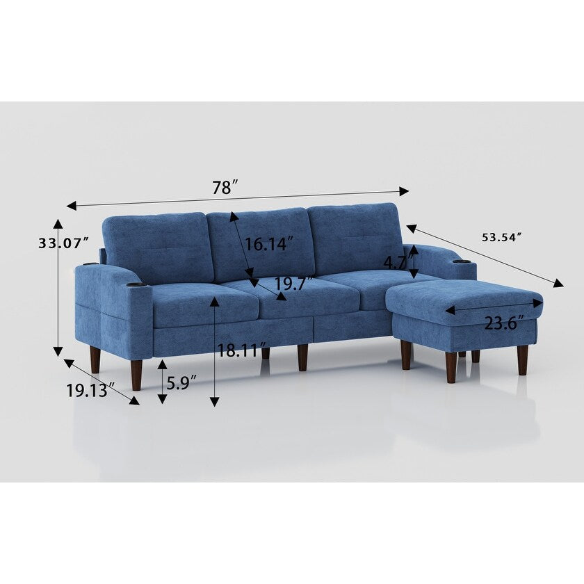 Divano a 3 posti a forma di L in tessuto da 78,74'' con pouf contenitore, porta USB e portabicchieri,