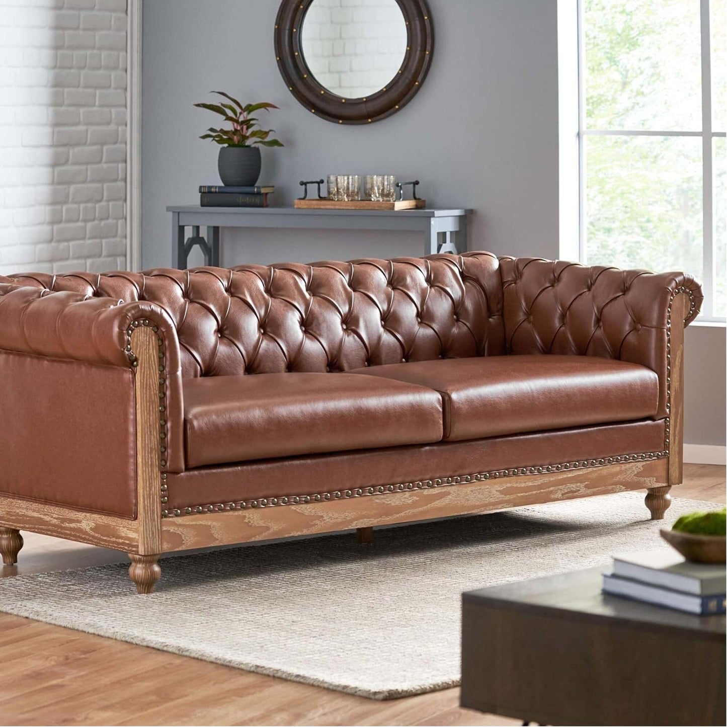 Divano a 3 posti in pelle PU da 78,75'' con gambe in legno ed eleganti dettagli con rivetti