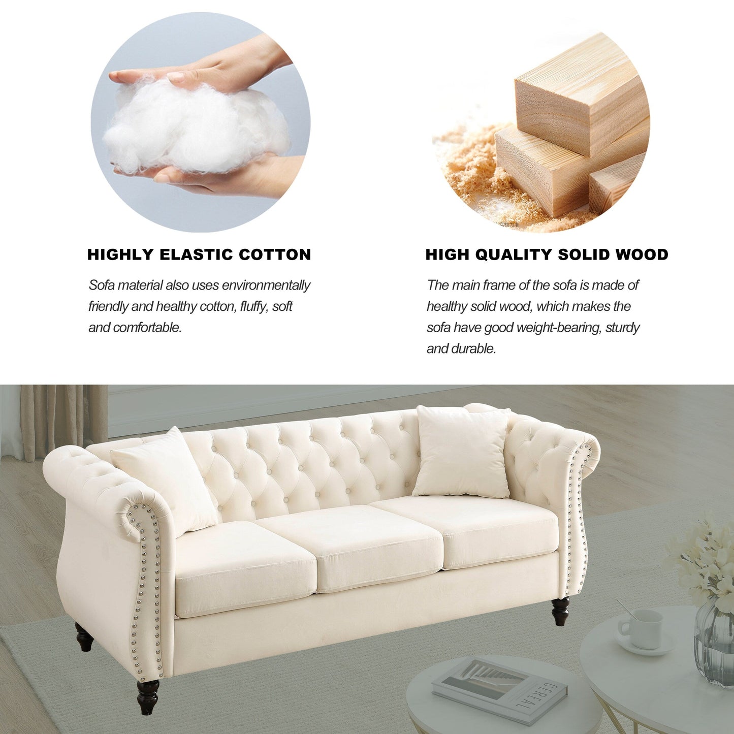 Divano Chesterfield in velluto 80 a 3 posti con design capitonné, finiture con borchie e 2 cuscini
