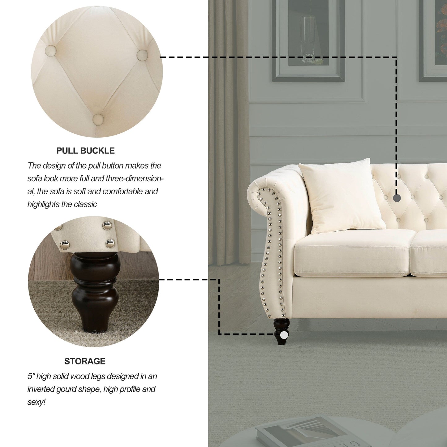 Divano Chesterfield in velluto 80 a 3 posti con design capitonné, finiture con borchie e 2 cuscini