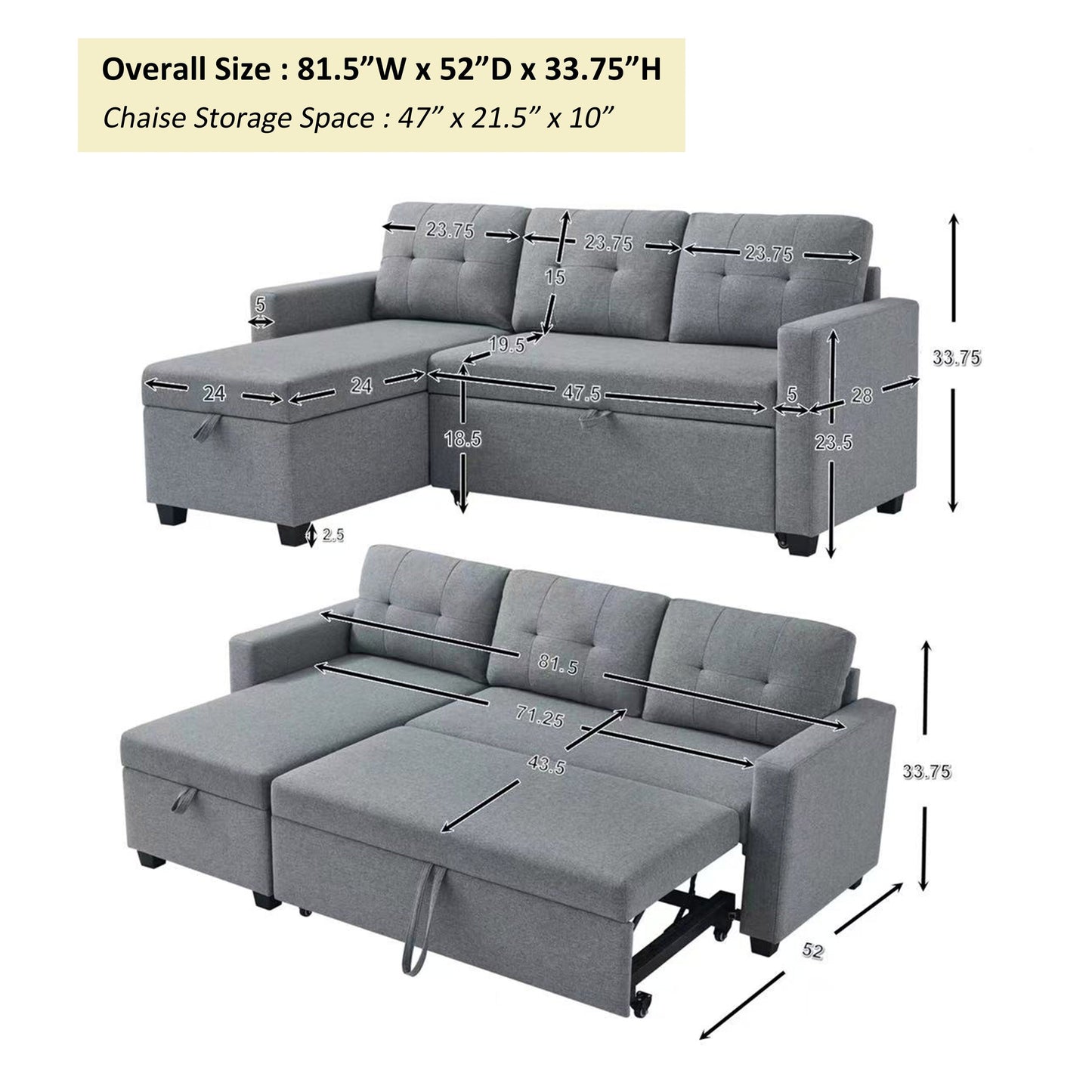 Divano letto imbottito trasformabile a 3 posti da 81,5'' con letto estraibile, chaise longue contenitore reversibile e cuscini per lo schienale