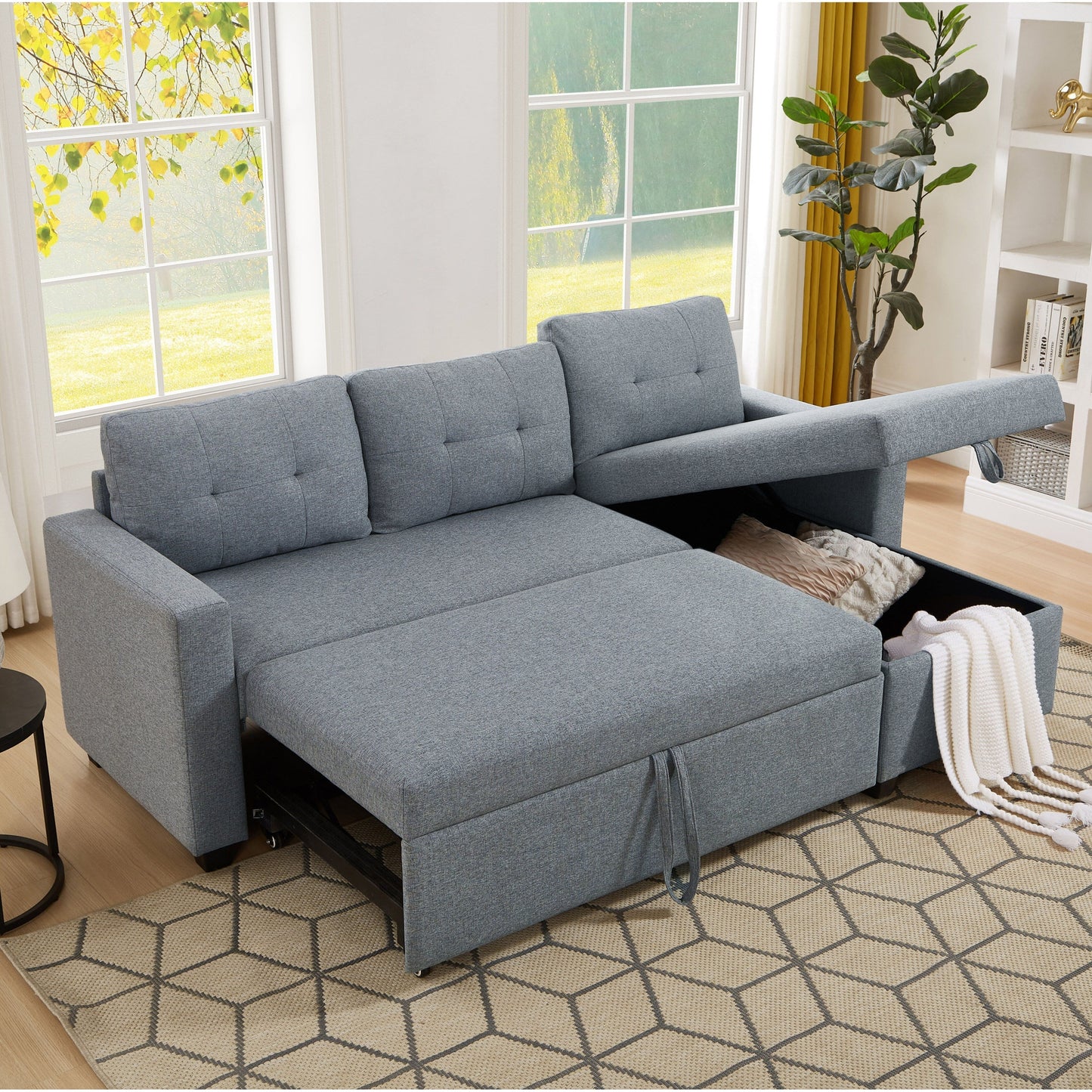 Divano letto imbottito trasformabile a 3 posti da 81,5'' con letto estraibile, chaise longue contenitore reversibile e cuscini per lo schienale
