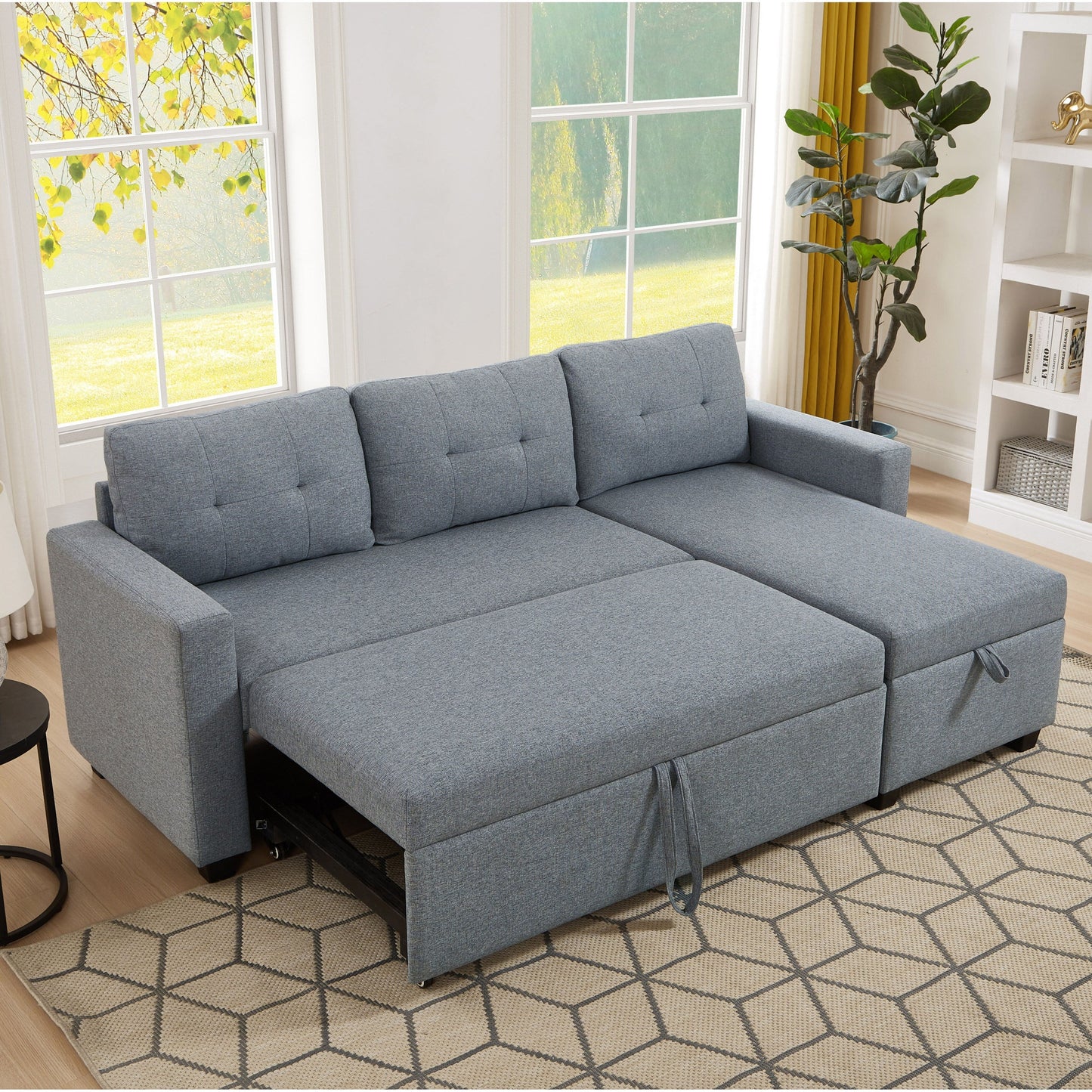 Divano letto imbottito trasformabile a 3 posti da 81,5'' con letto estraibile, chaise longue contenitore reversibile e cuscini per lo schienale