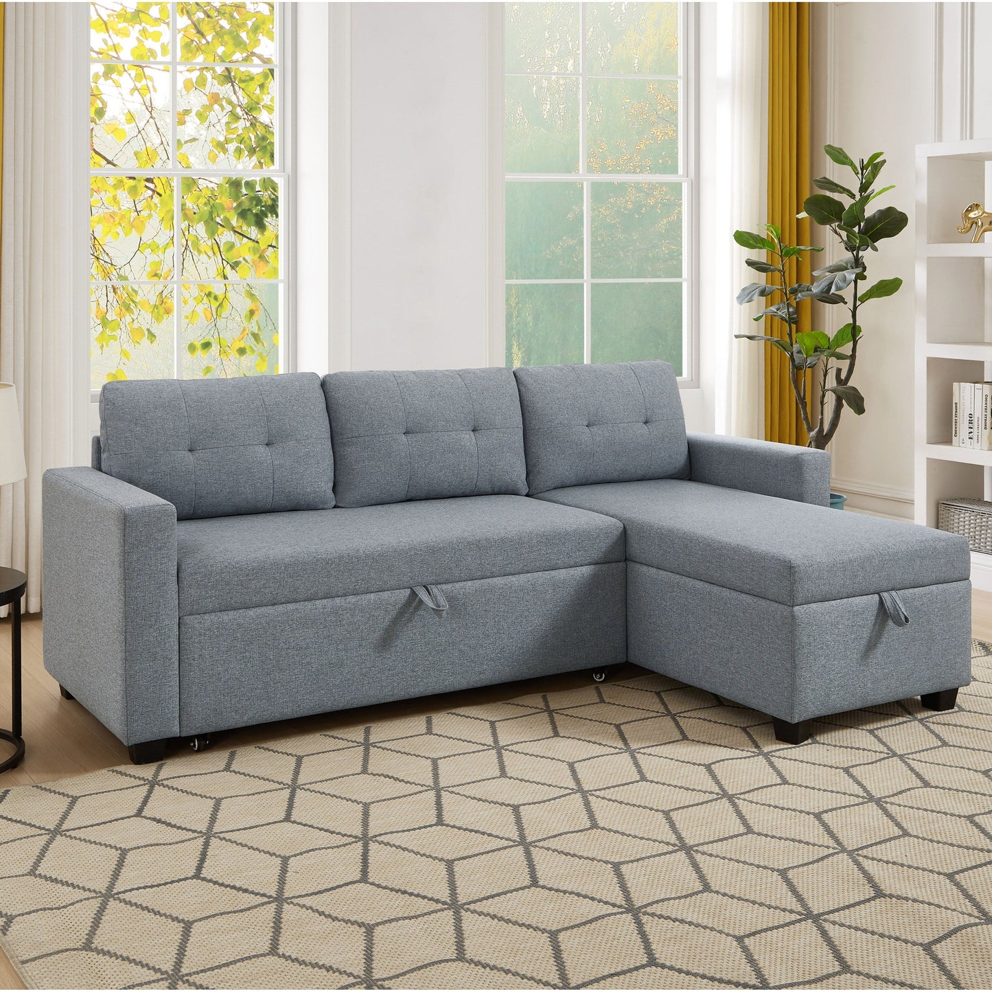 Divano letto imbottito trasformabile a 3 posti da 81,5'' con letto estraibile, chaise longue contenitore reversibile e cuscini per lo schienale