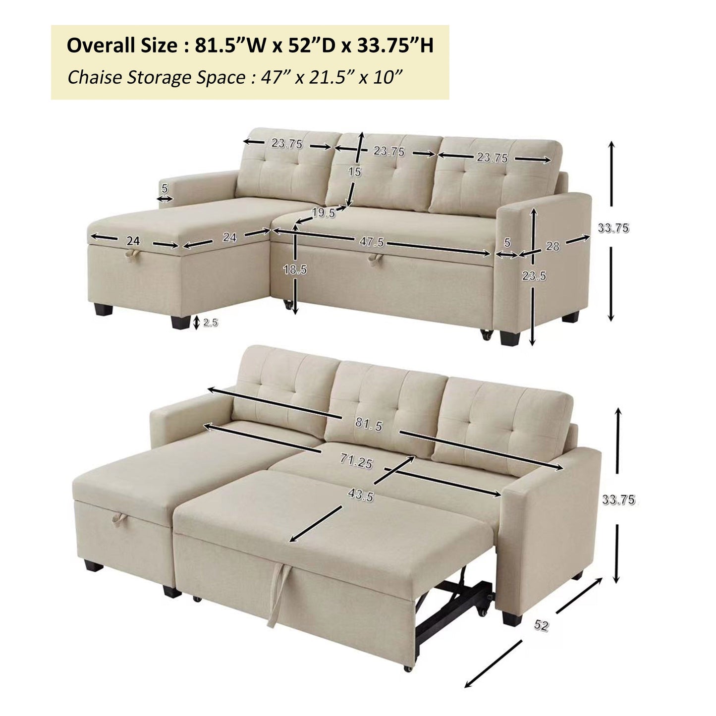 Divano letto imbottito trasformabile a 3 posti da 81,5'' con letto estraibile, chaise longue contenitore reversibile e cuscini per lo schienale