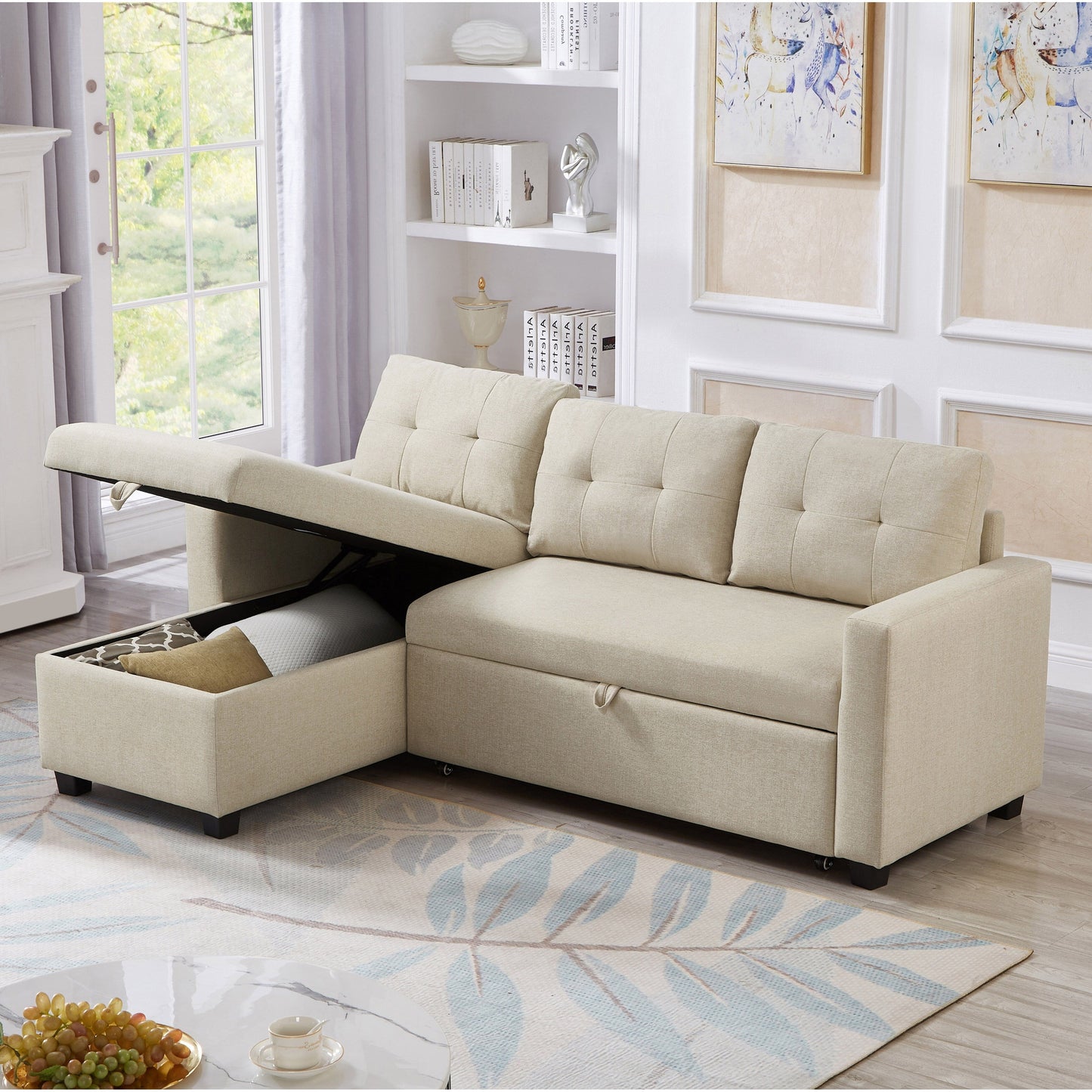 Divano letto imbottito trasformabile a 3 posti da 81,5'' con letto estraibile, chaise longue contenitore reversibile e cuscini per lo schienale