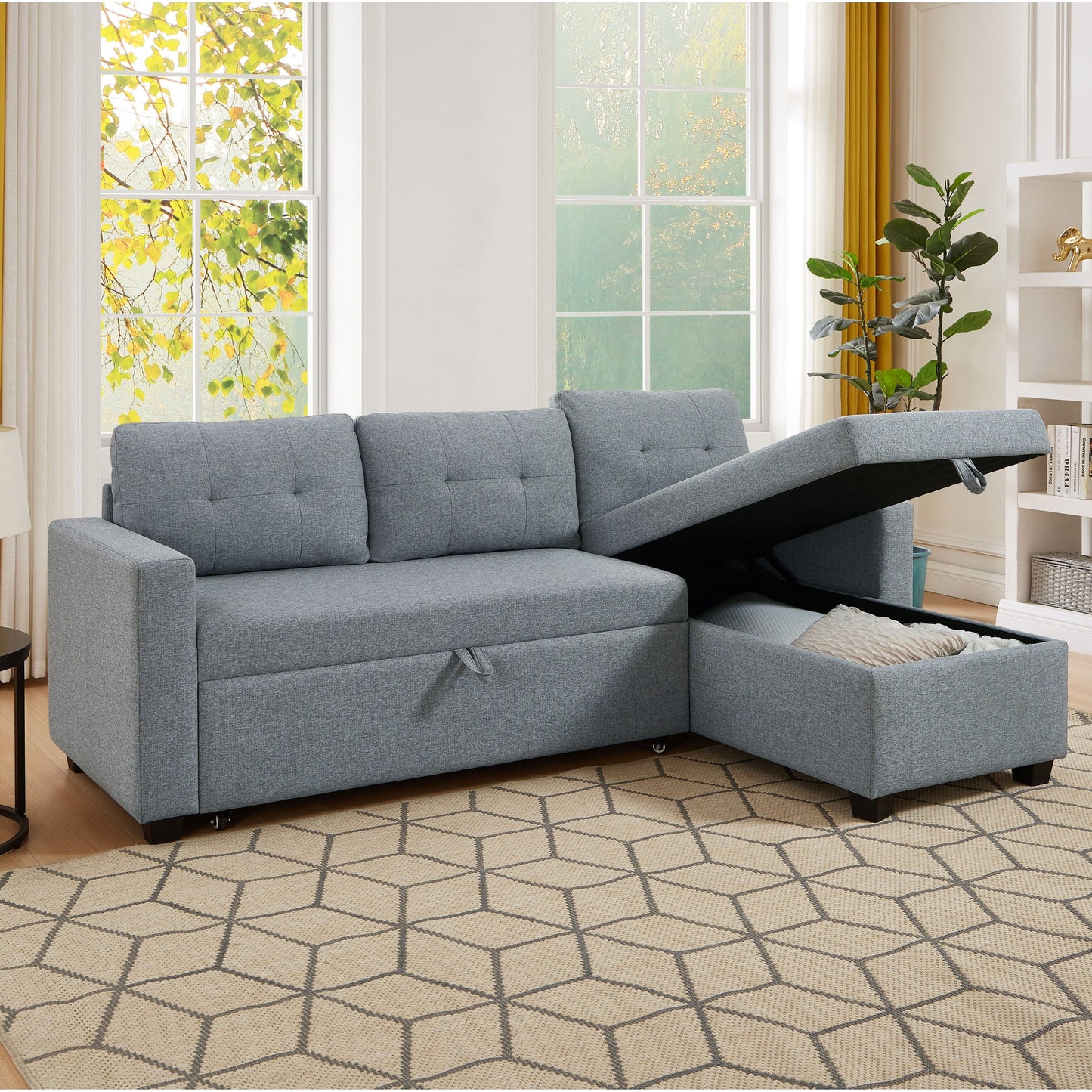 Divano letto imbottito trasformabile a 3 posti da 81,5'' con letto estraibile, chaise longue contenitore reversibile e cuscini per lo schienale