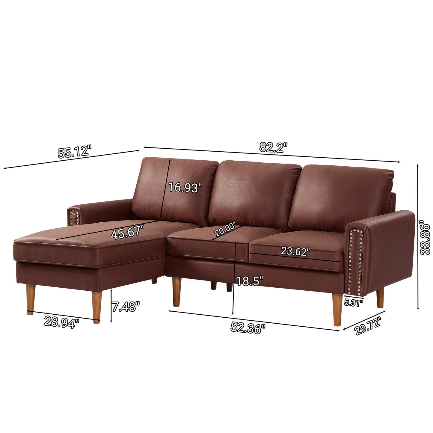 Divano a L in pelle scamosciata da 82,2'' con chaise longue destra, struttura in legno massello e dettagli in borchie in rame