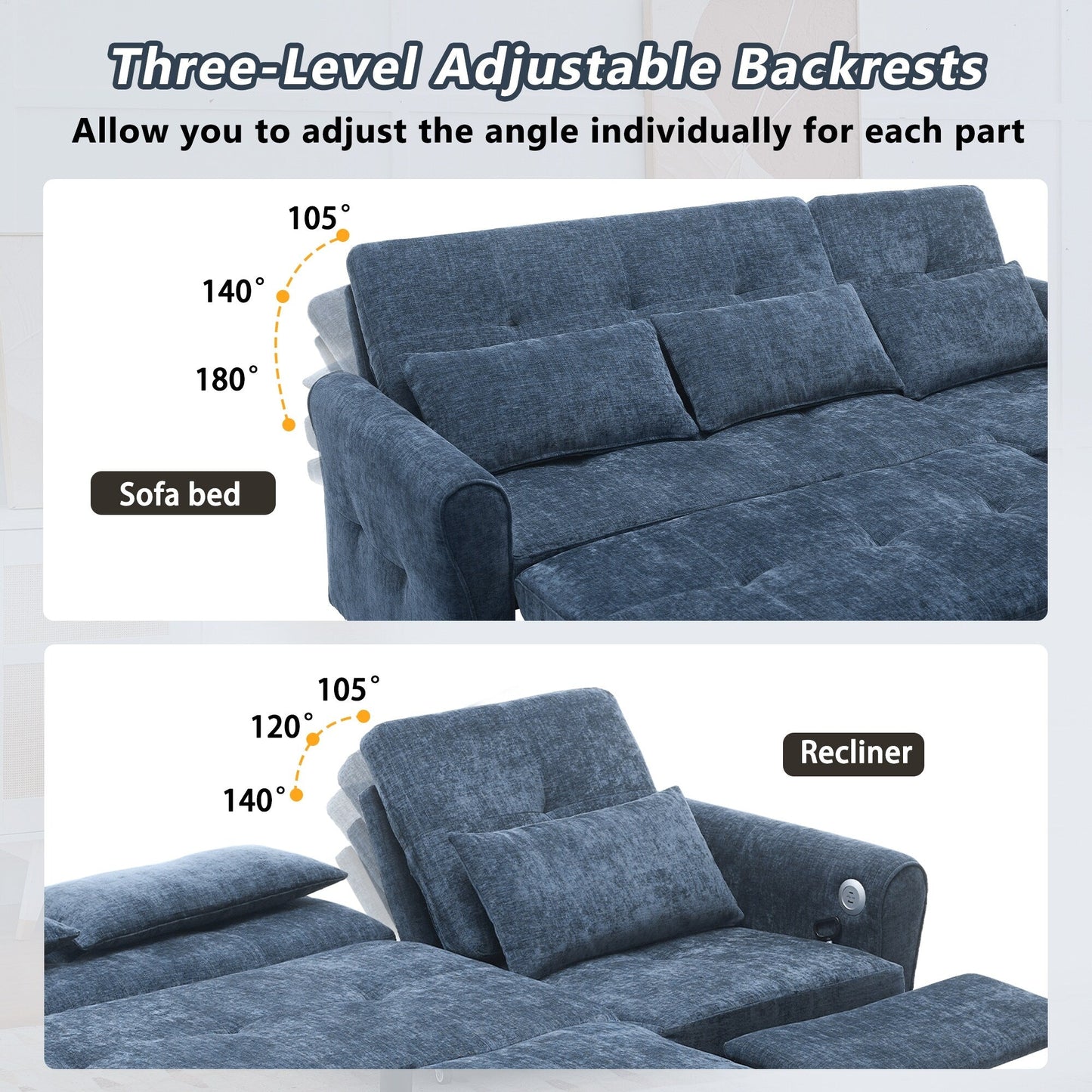 Divano letto 2 in 1 in ciniglia 82 con schienale regolabile, chaise longue reversibile, porte di ricarica USB